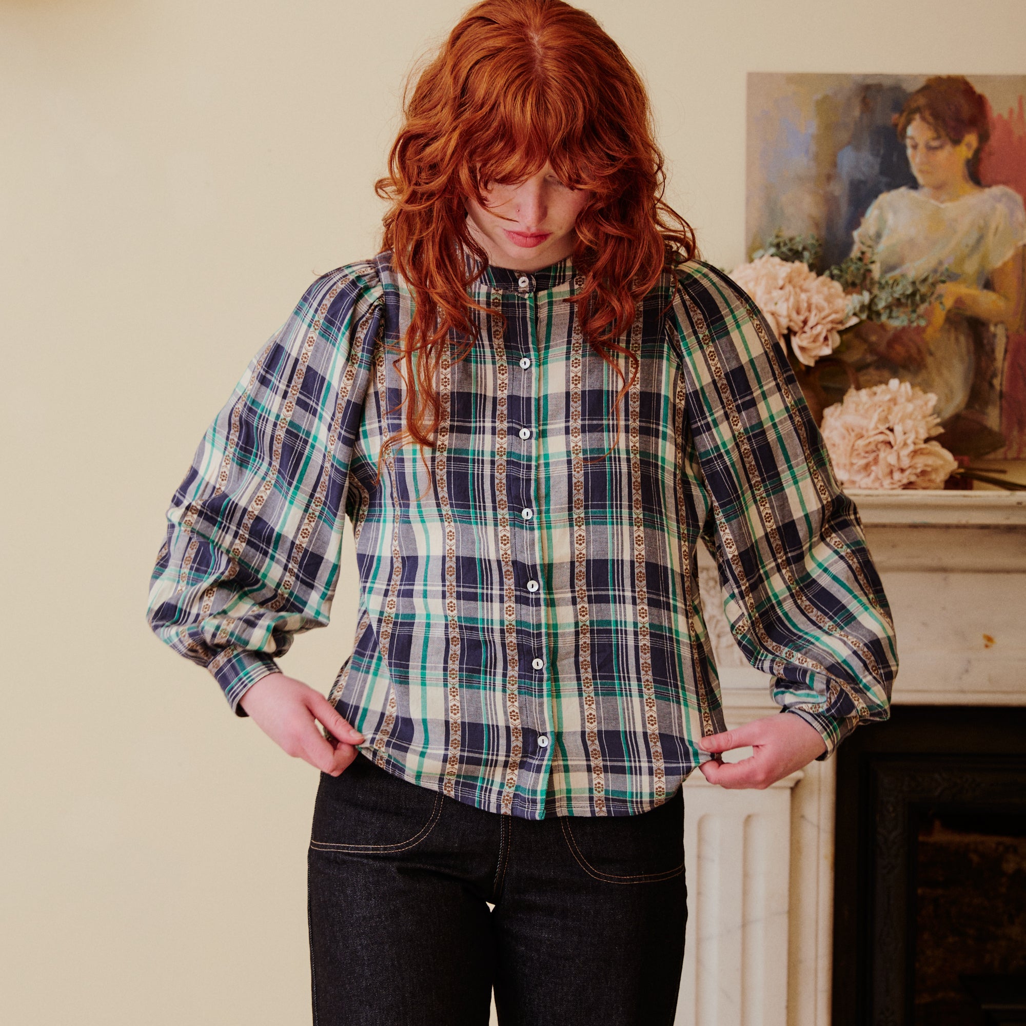 Cotton Tartan collarless shirt