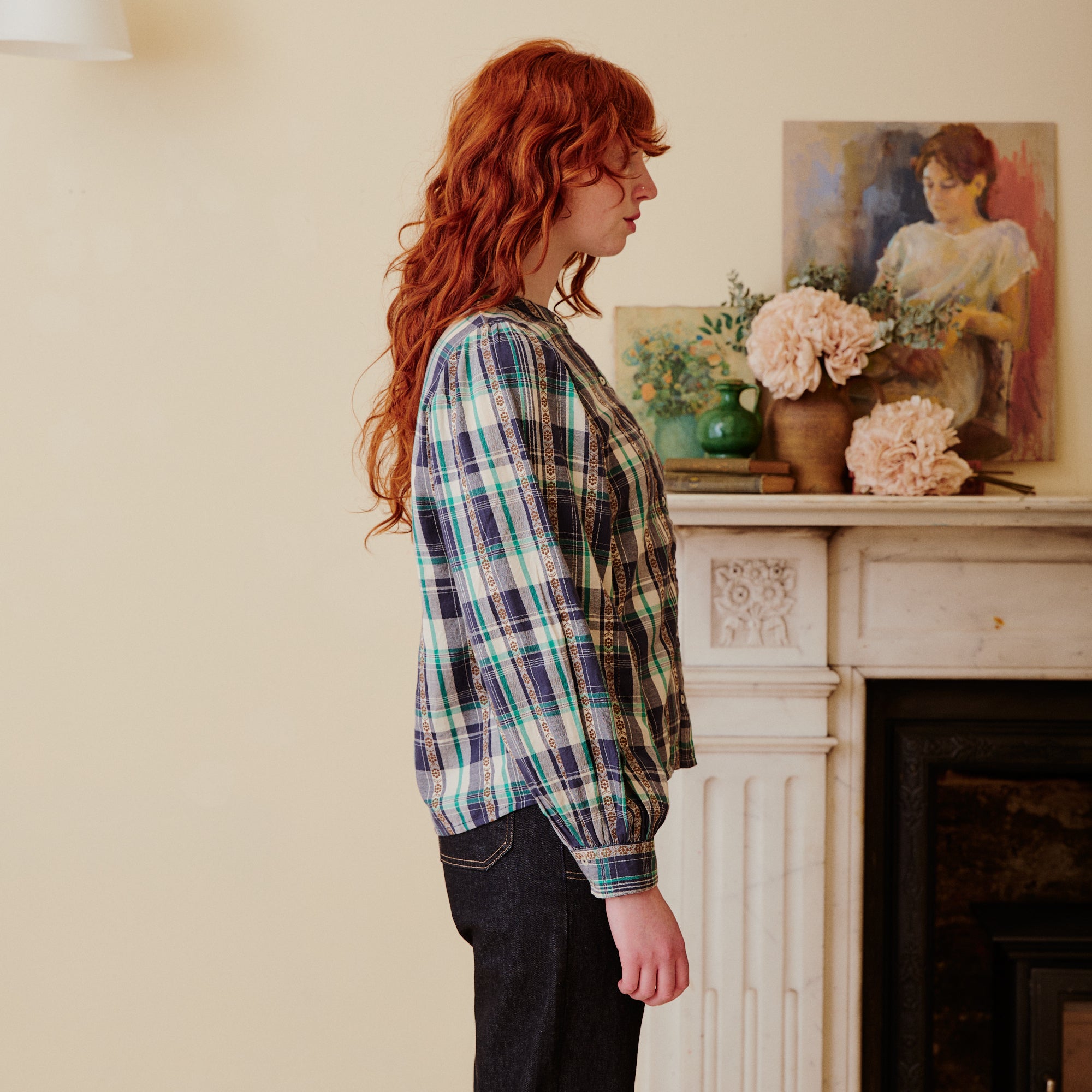 Plaid Blouse - Navy & Green