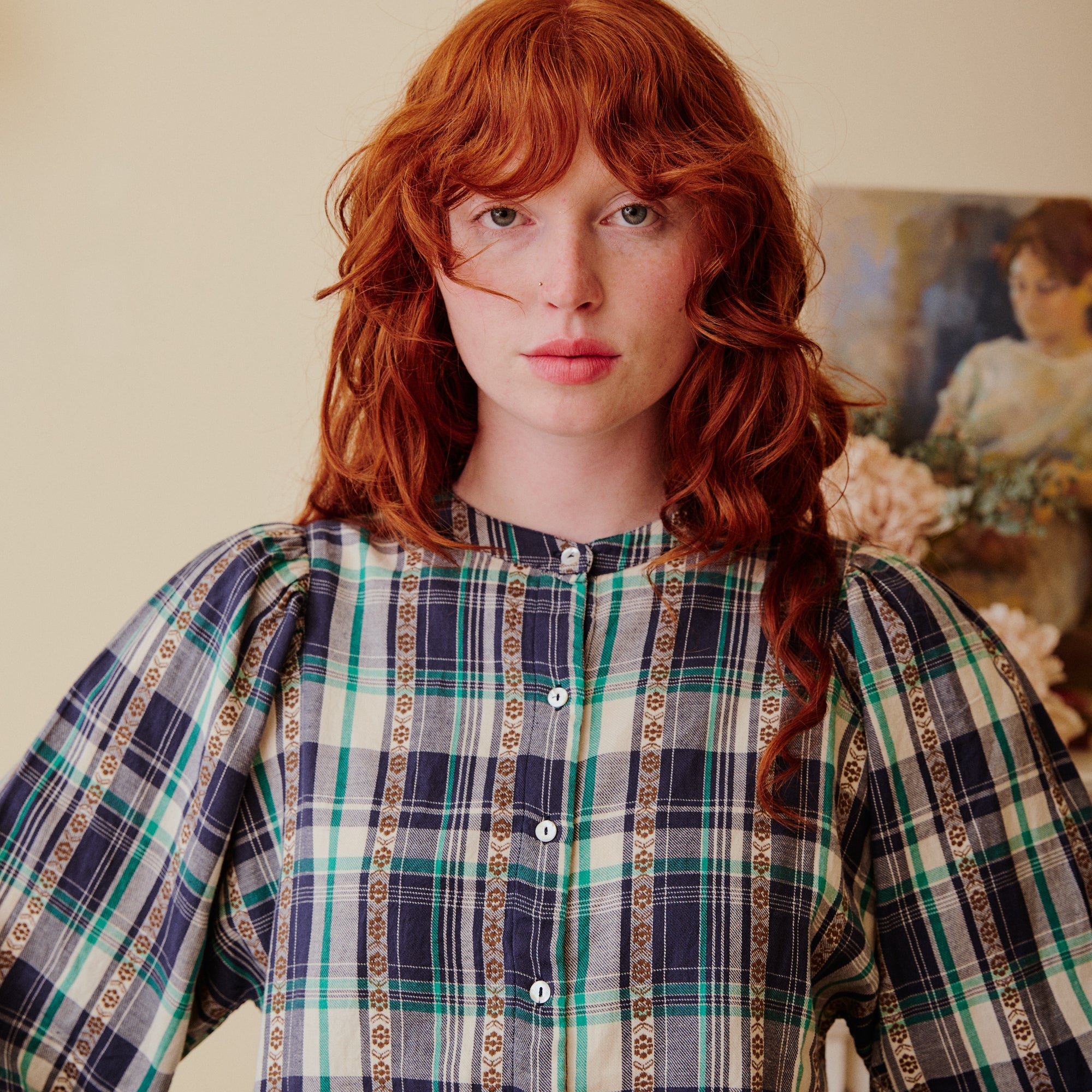 Collarless Plaid Blouse - Navy & Green