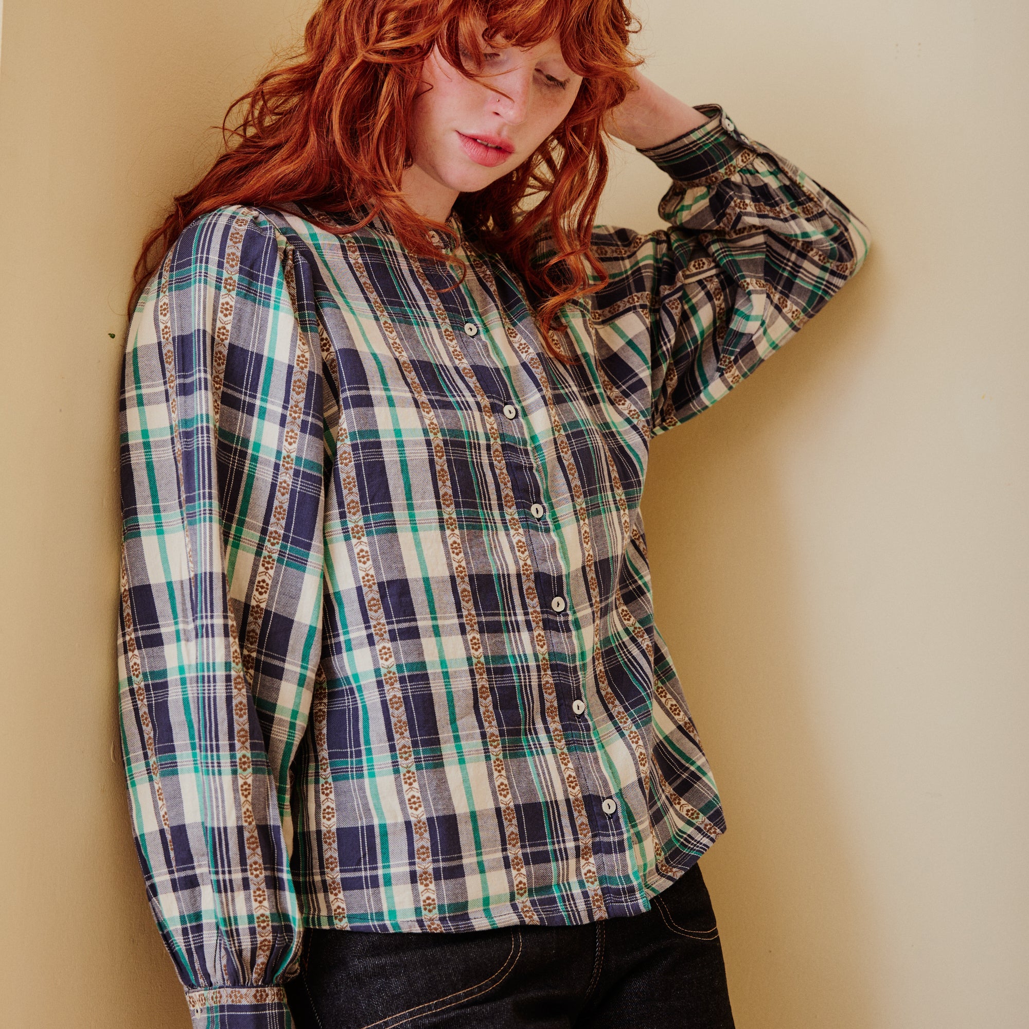 Plaid Blouse - Navy & Green
