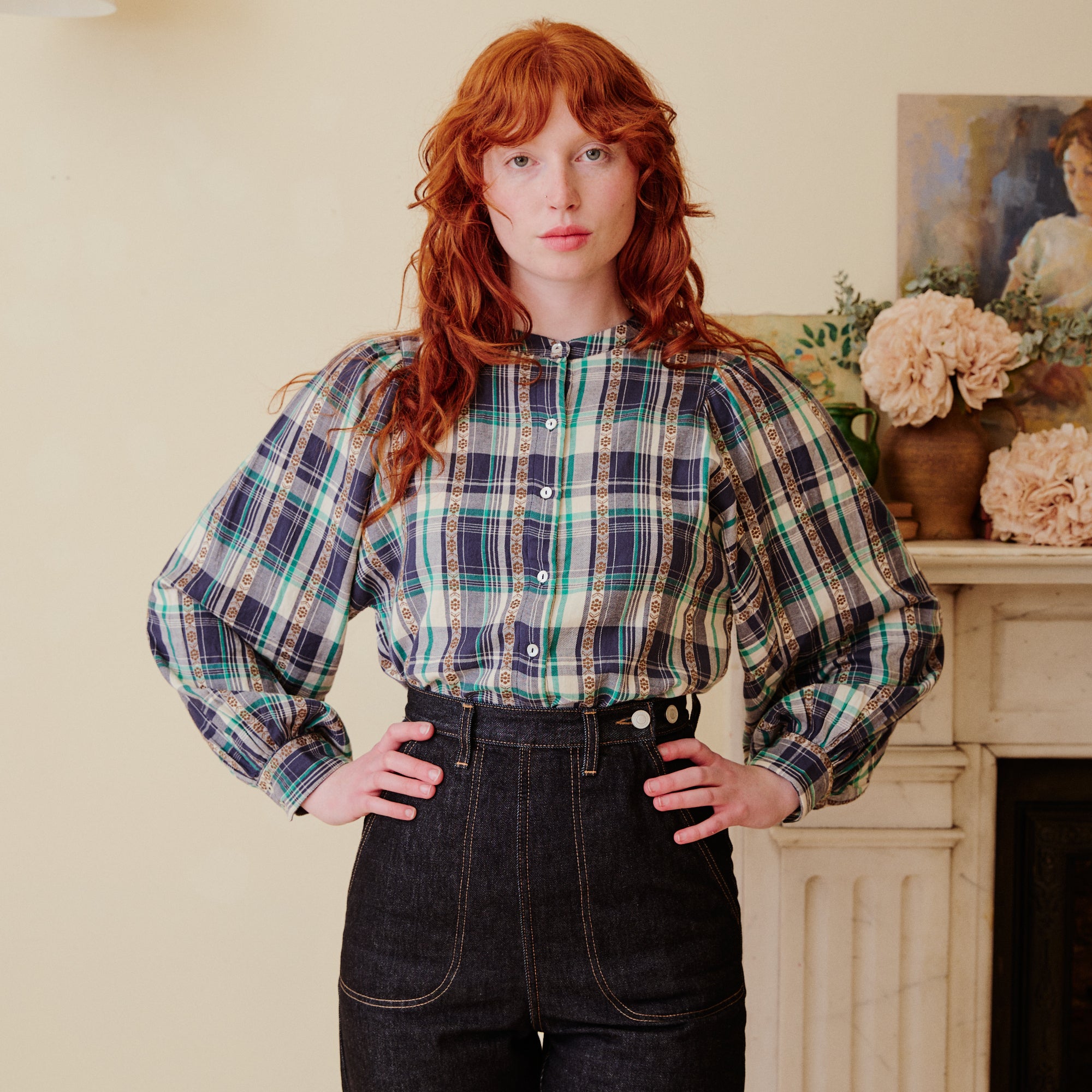 Plaid Blouse - Navy & Green