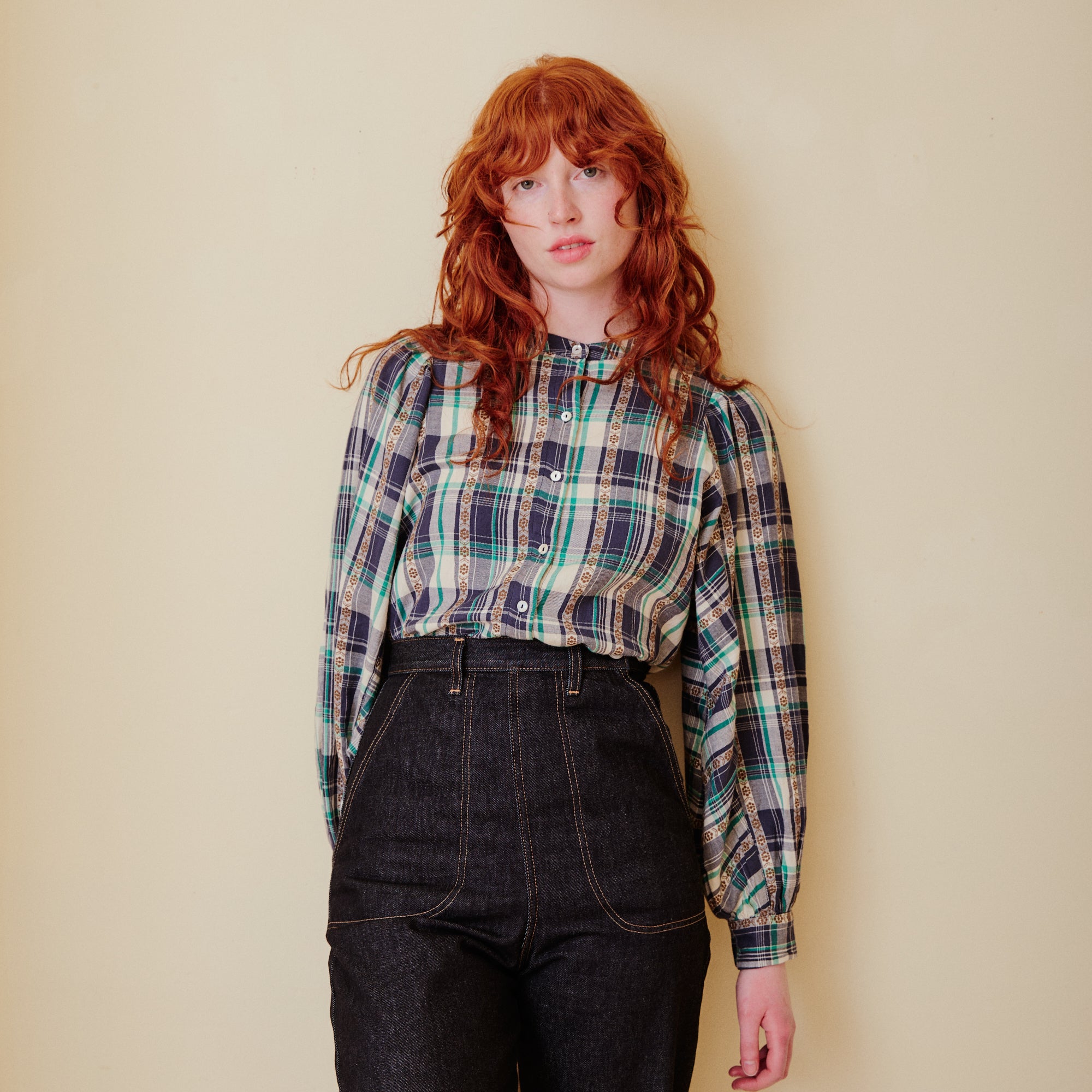 Plaid Blouse - Navy & Green

