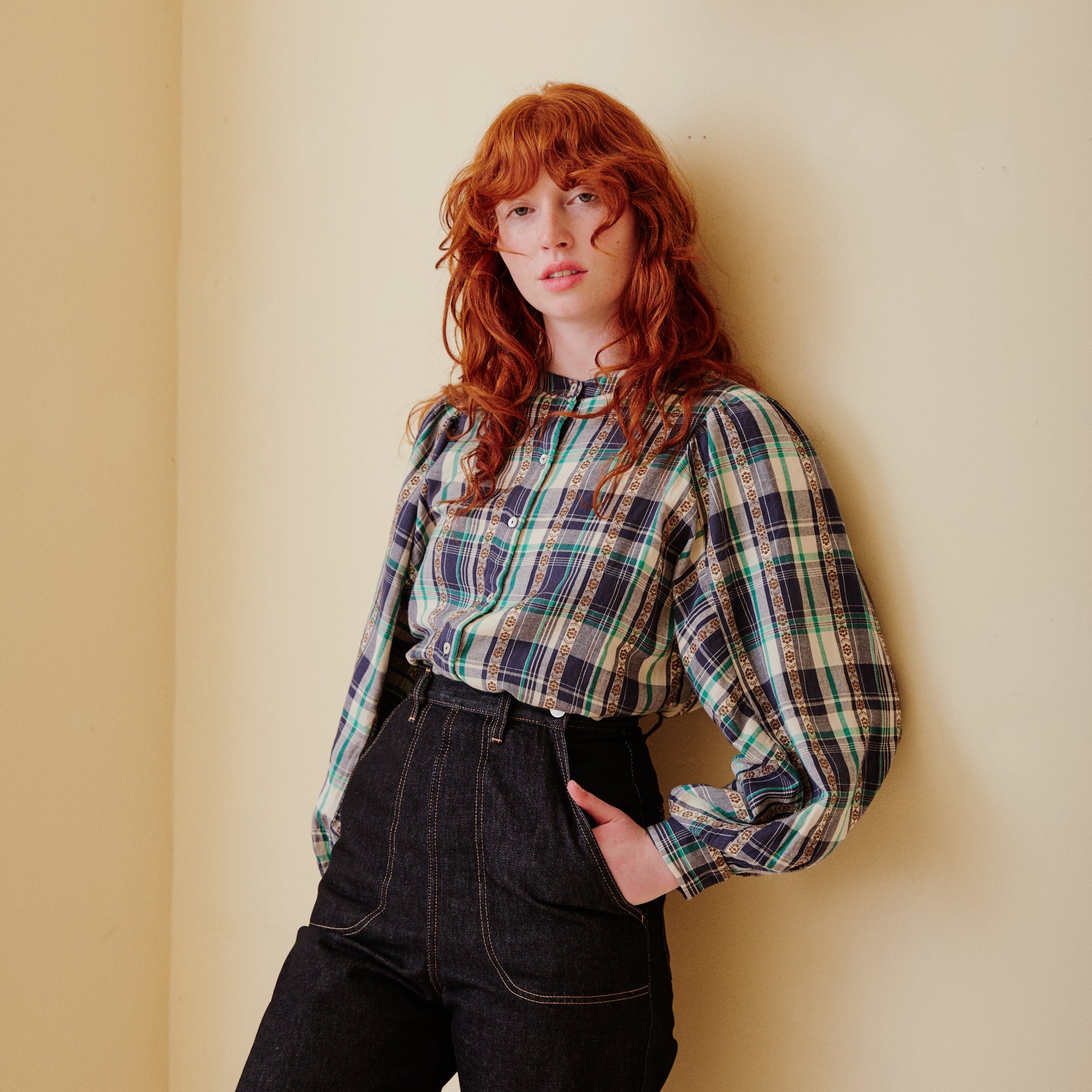 Brushed cotton Plaid Blouse - Navy & Green