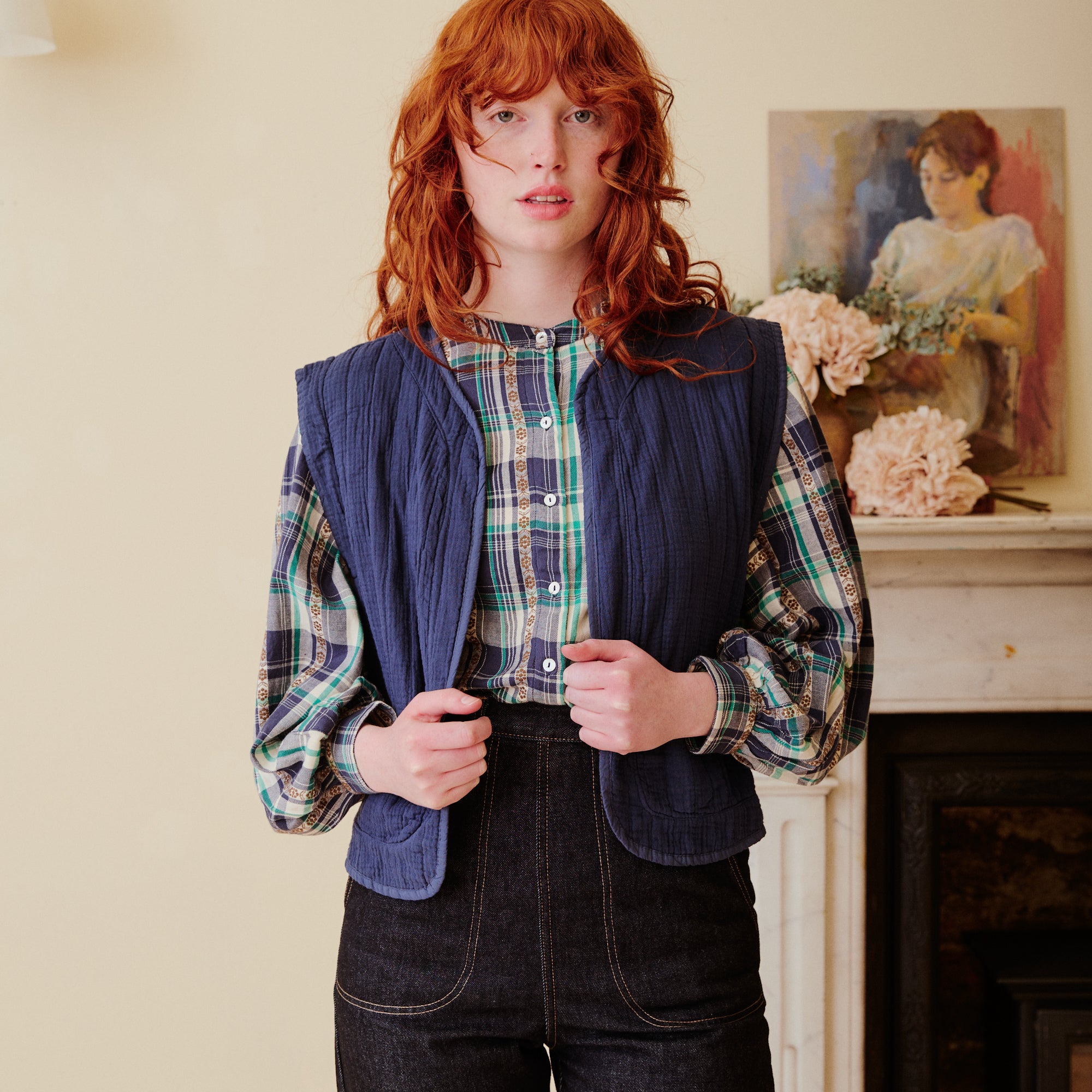 Plaid Blouse - Navy & Green with waistcoat