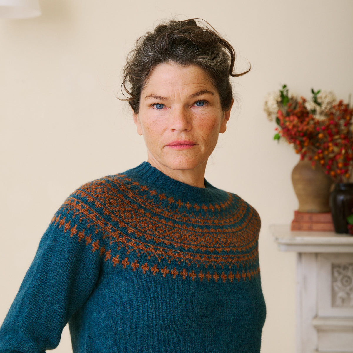 Traditional Scottish Fair Isle Yoke Jumper - Dark Teal & Sienna
