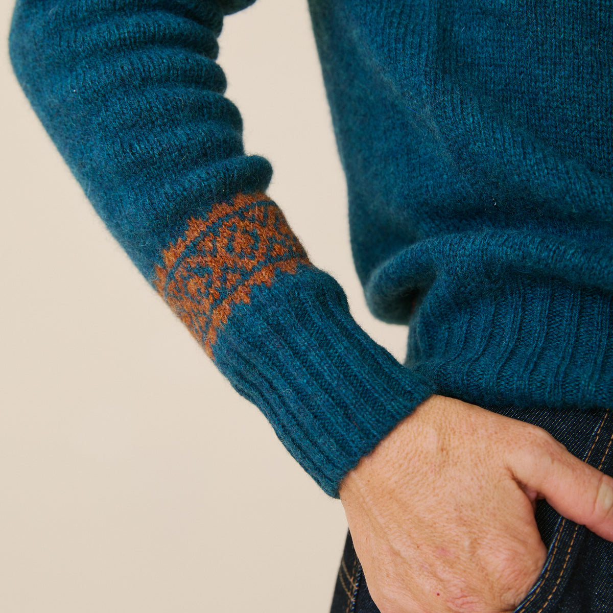Traditional Scottish Fair Isle Yoke Jumper - Dark Teal & Sienna
