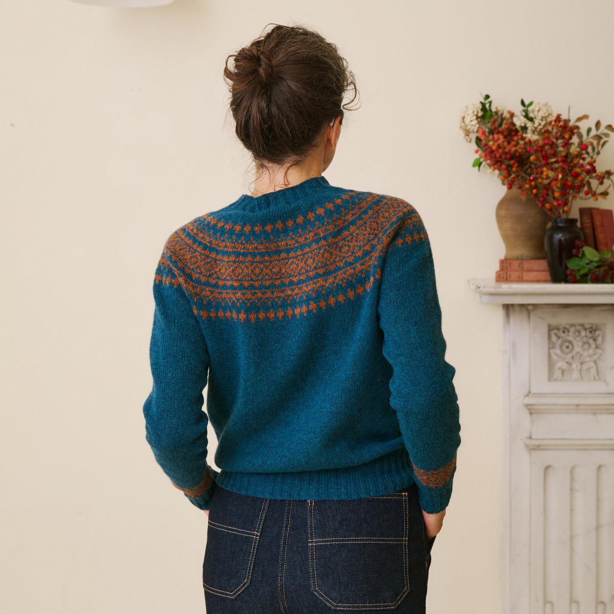 Traditional Scottish Fair Isle Yoke Jumper - Dark Teal & Sienna