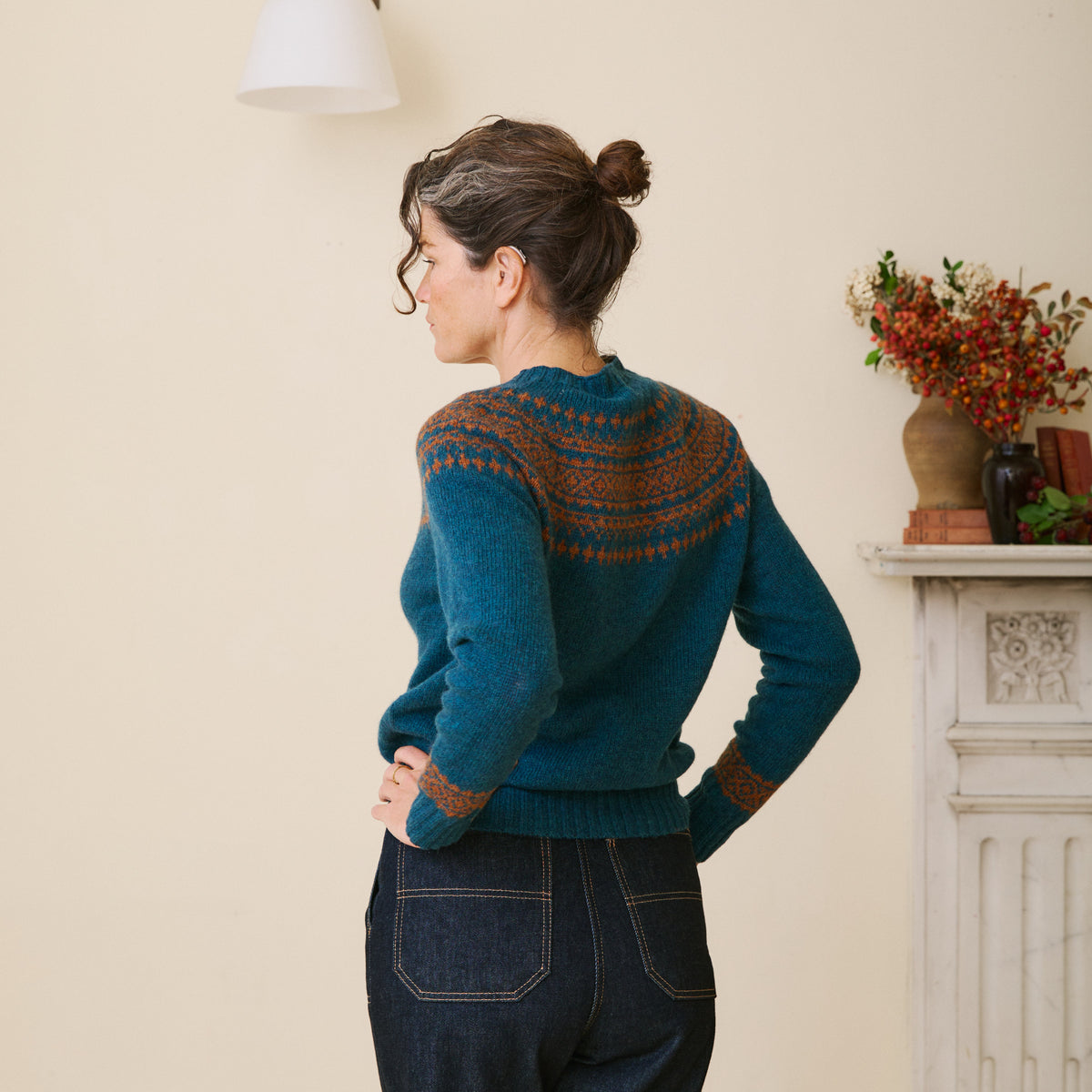 Traditional Scottish Fair Isle Yoke Jumper - Dark Teal & Sienna