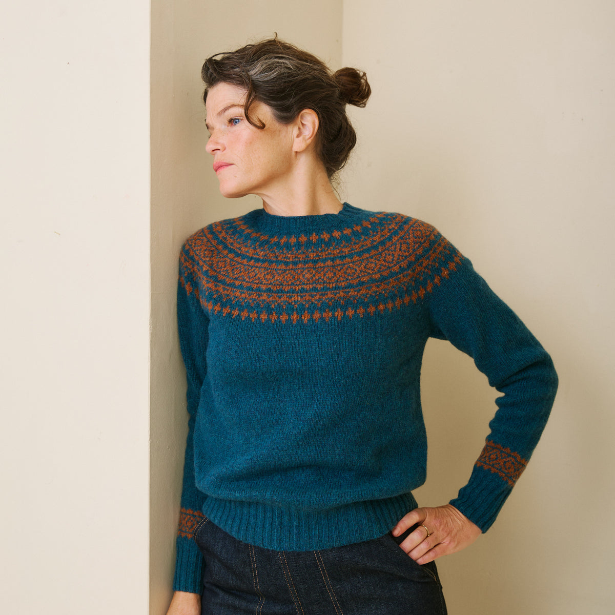 Traditional Scottish Fair Isle Yoke Jumper - Dark Teal & Sienna