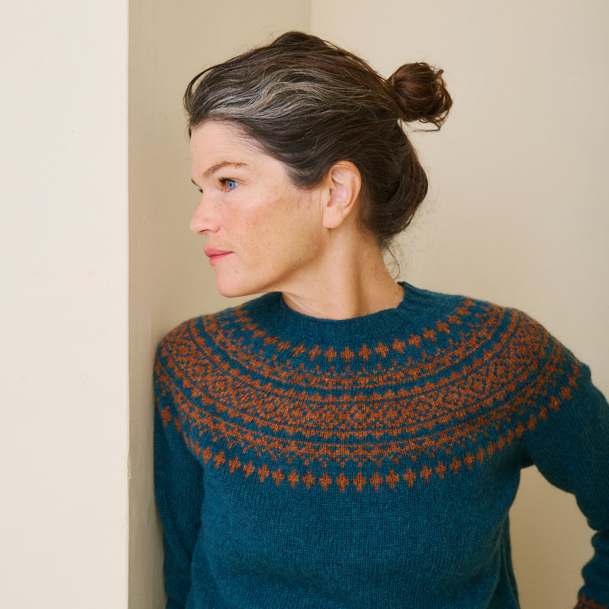 Traditional Scottish Fair Isle Yoke Jumper - Dark Teal & Sienna