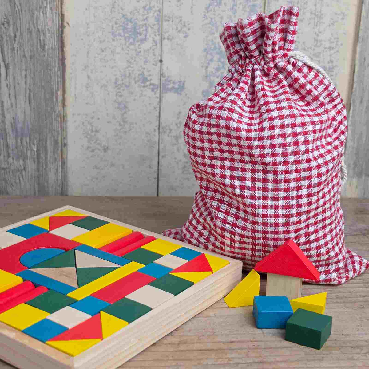 Wooden Building Blocks in Gingham Bag