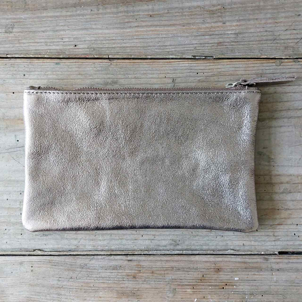 Large leather bronze metallic pouch made from 100% leather