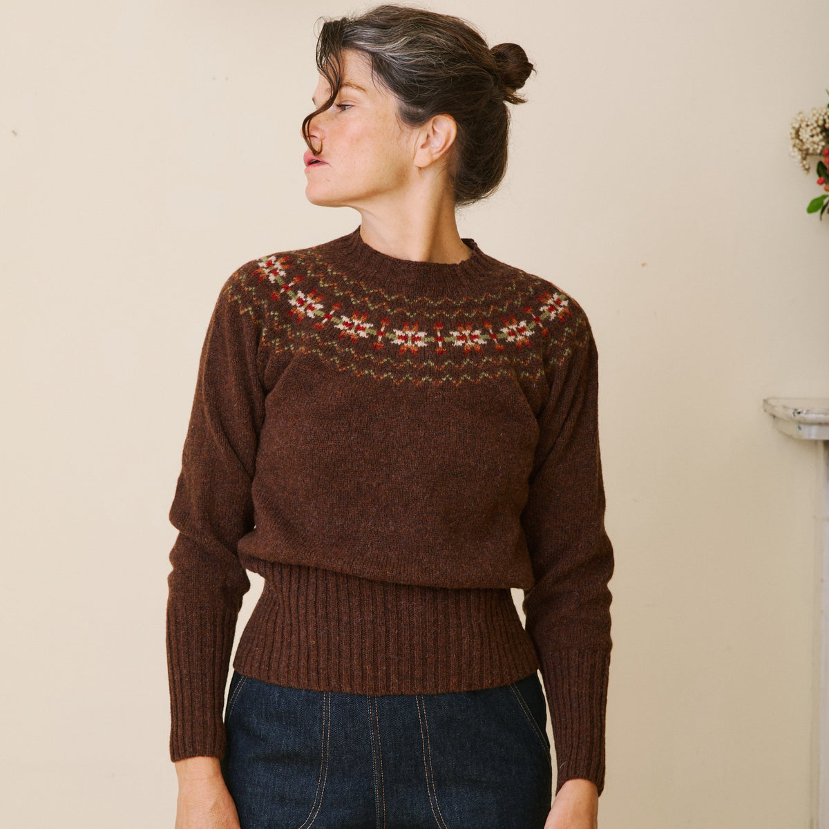 Traditional Scottish Fair Isle Crew Neck Jumper - Walnut