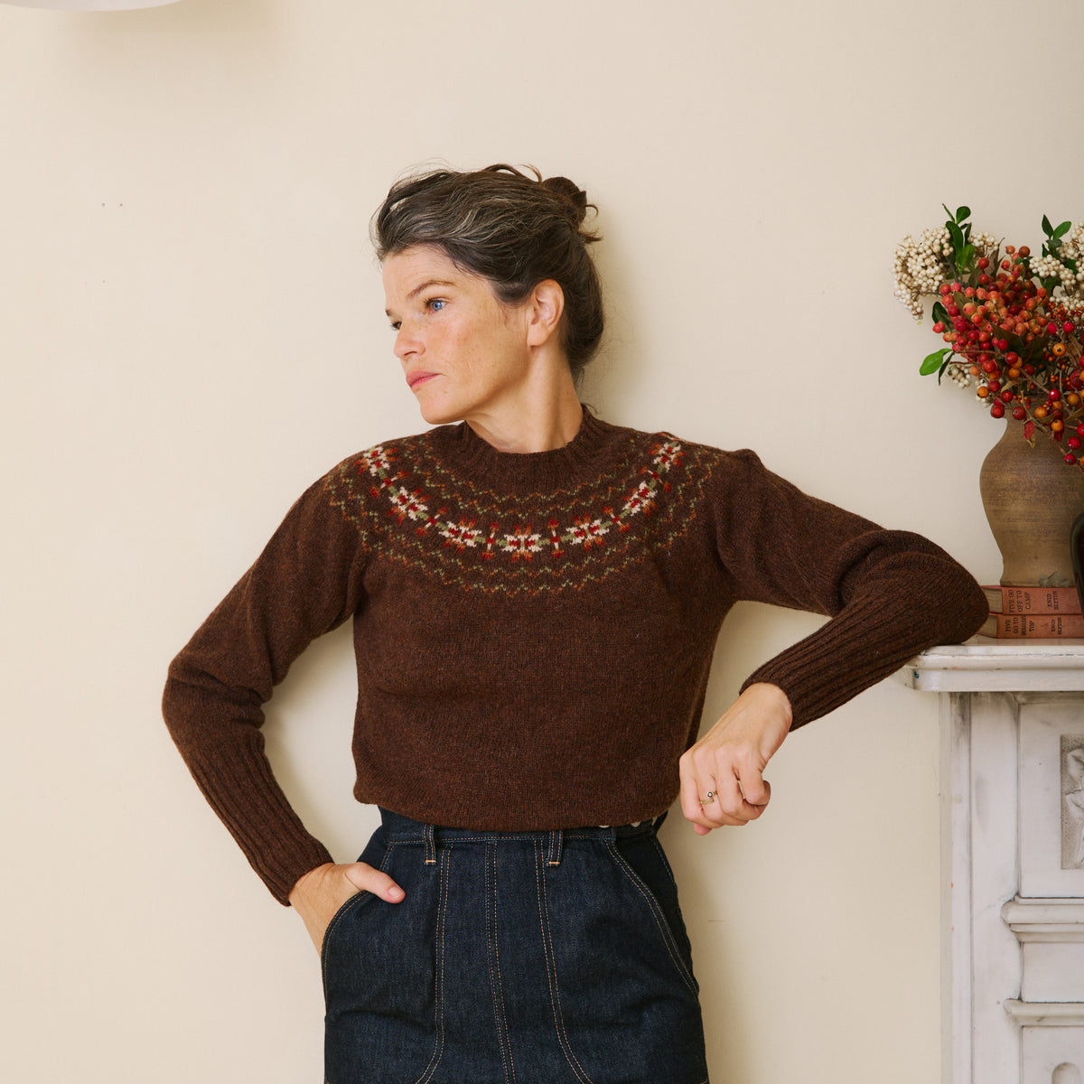Traditional Scottish Fair Isle Crew Neck Jumper - Walnut
