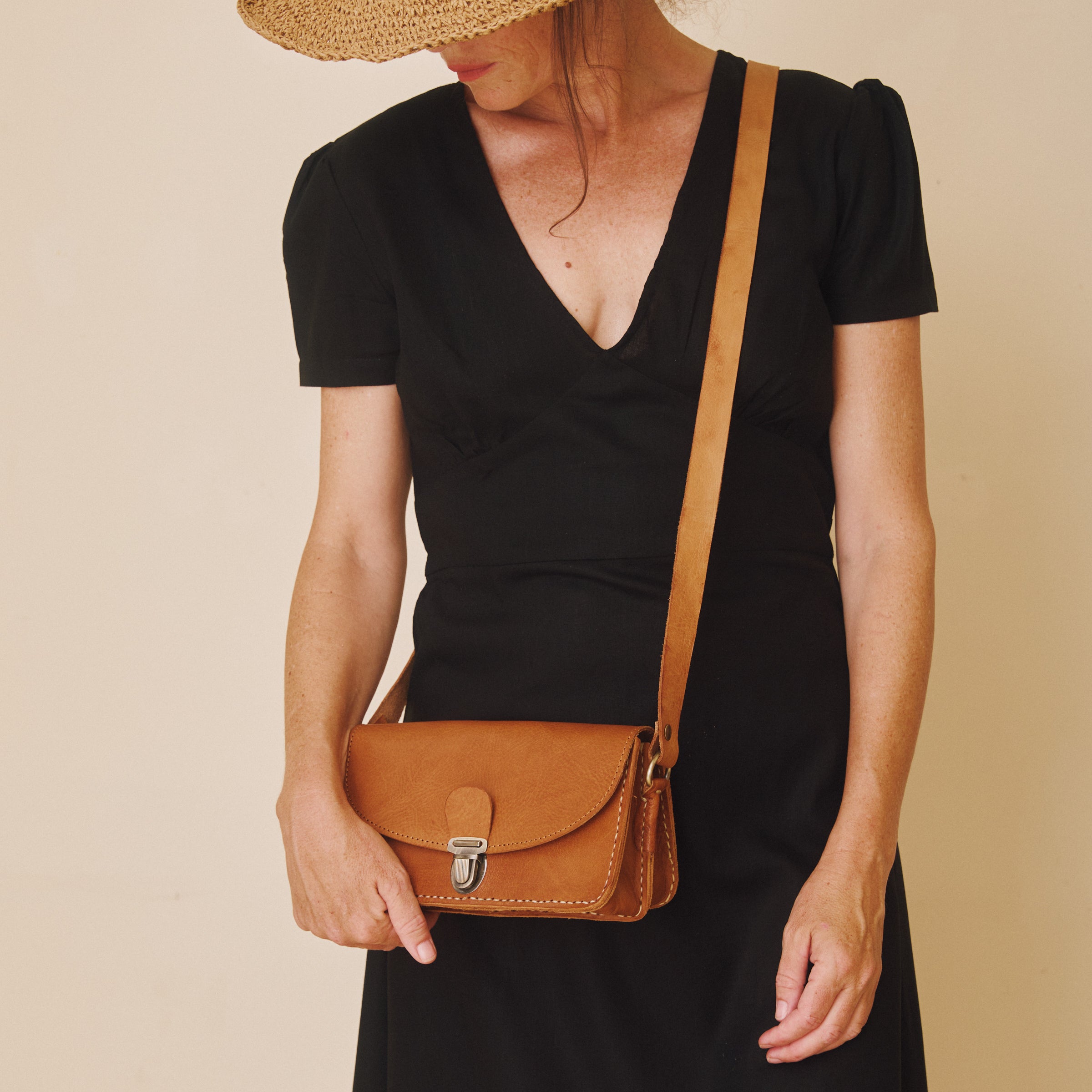 Leather Cross Body Bag - Tan