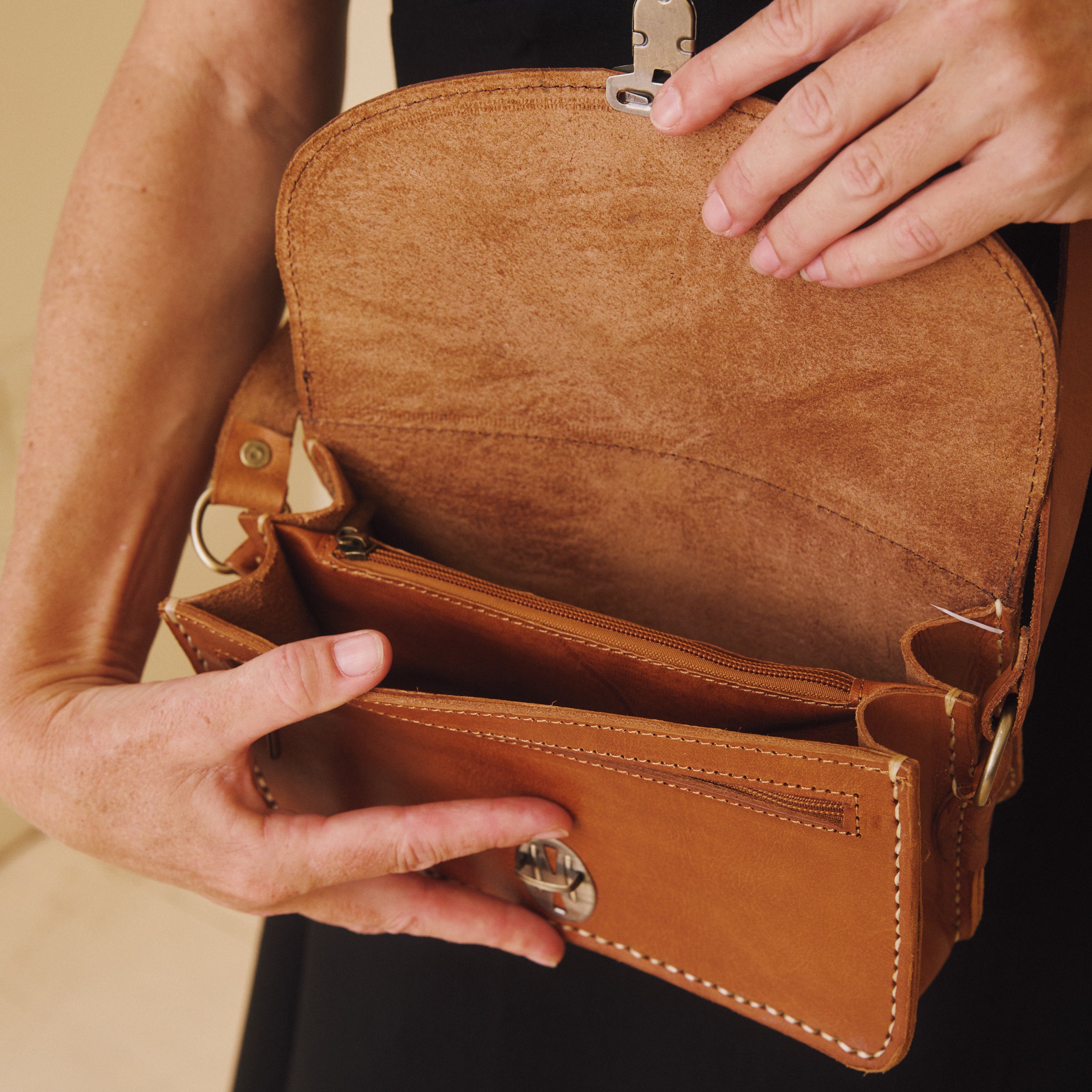 Leather Cross Body Bag - Tan