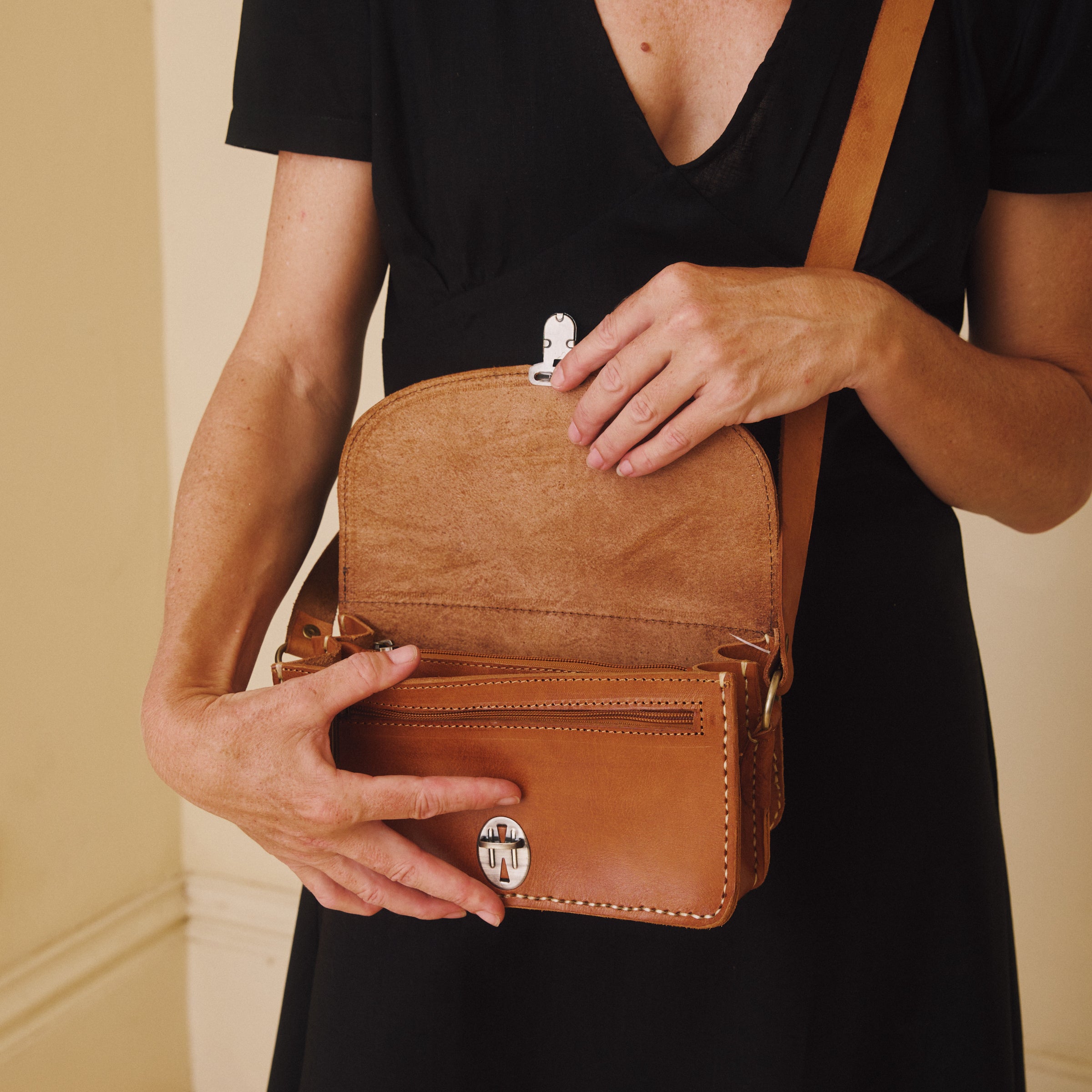 Leather Cross Body Bag - Tan