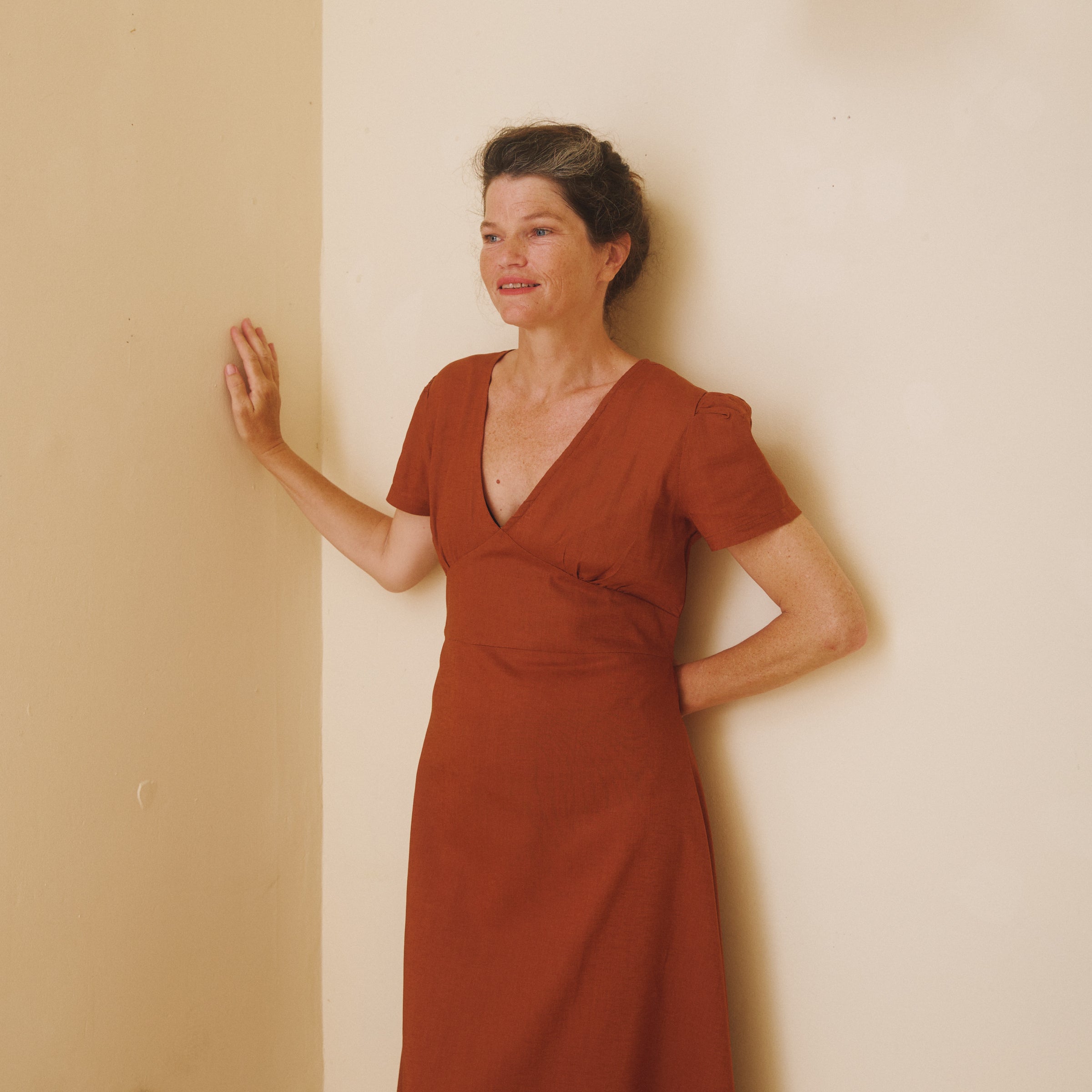 Linen Midi Dress - Rust