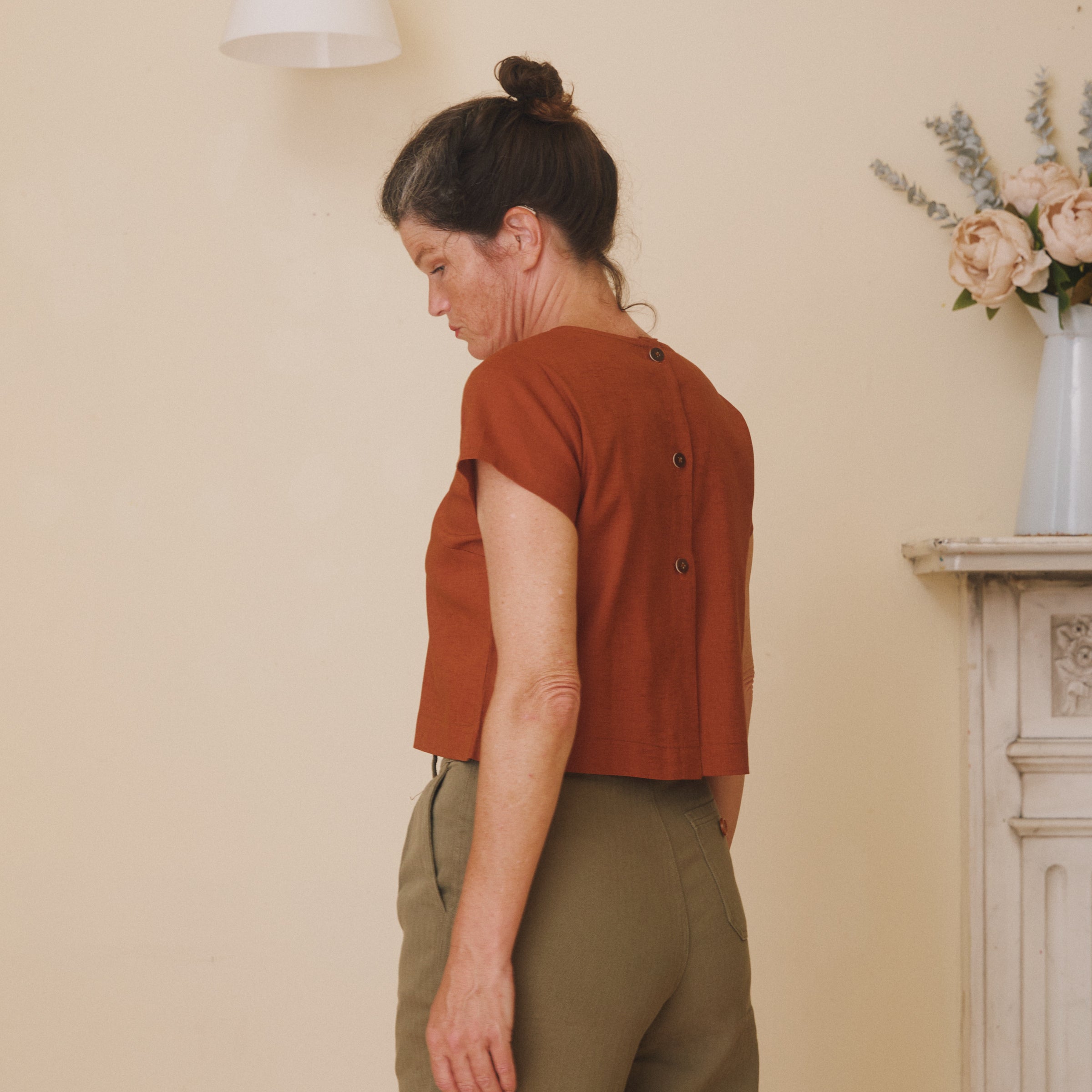 Cropped Linen Button Back Top - Rust