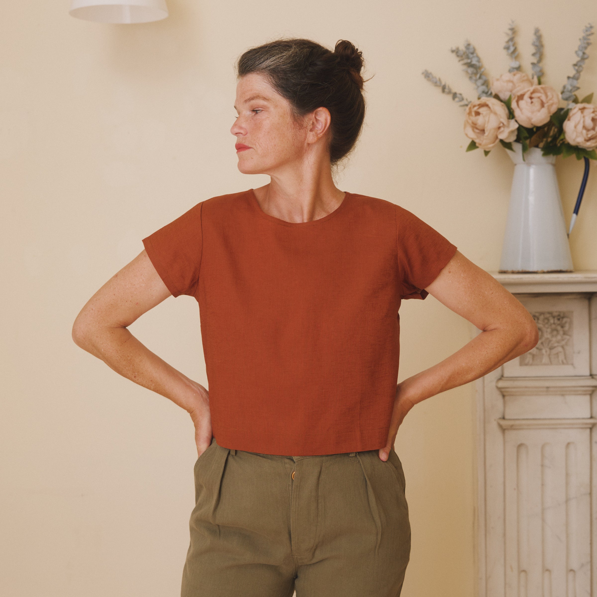 Cropped Linen Button Back Top - Rust