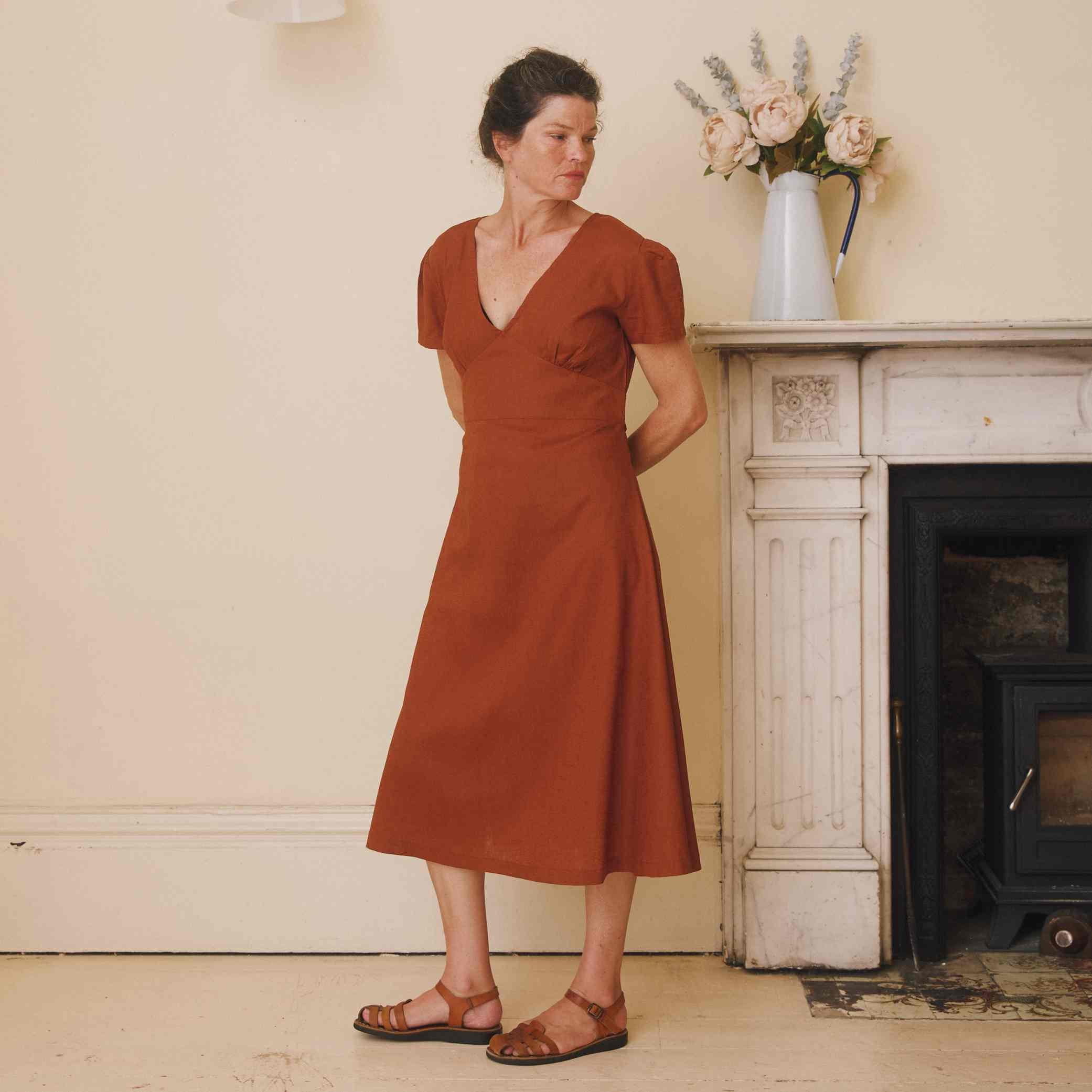 Linen Midi Dress - Rust