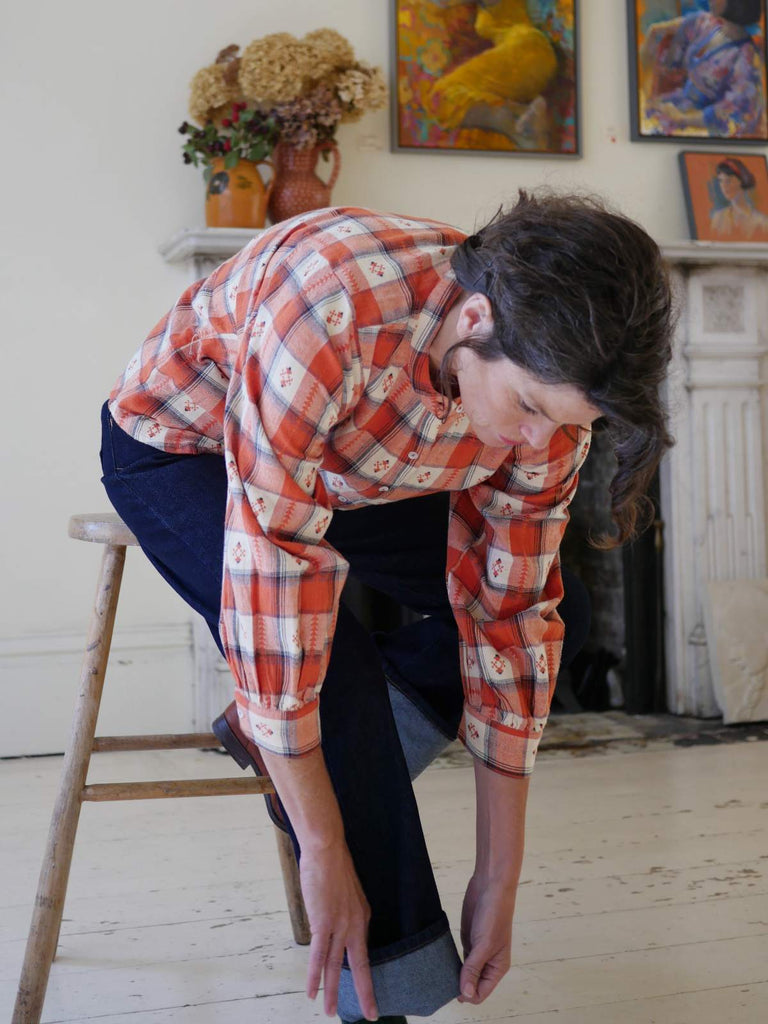 Brushed Cotton Collarless Checked Shirt - Brick