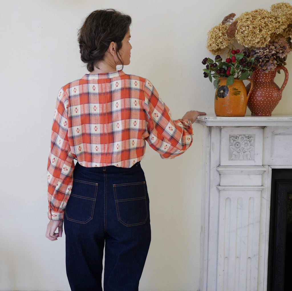 Brushed Cotton Collarless Checked Shirt - Brick