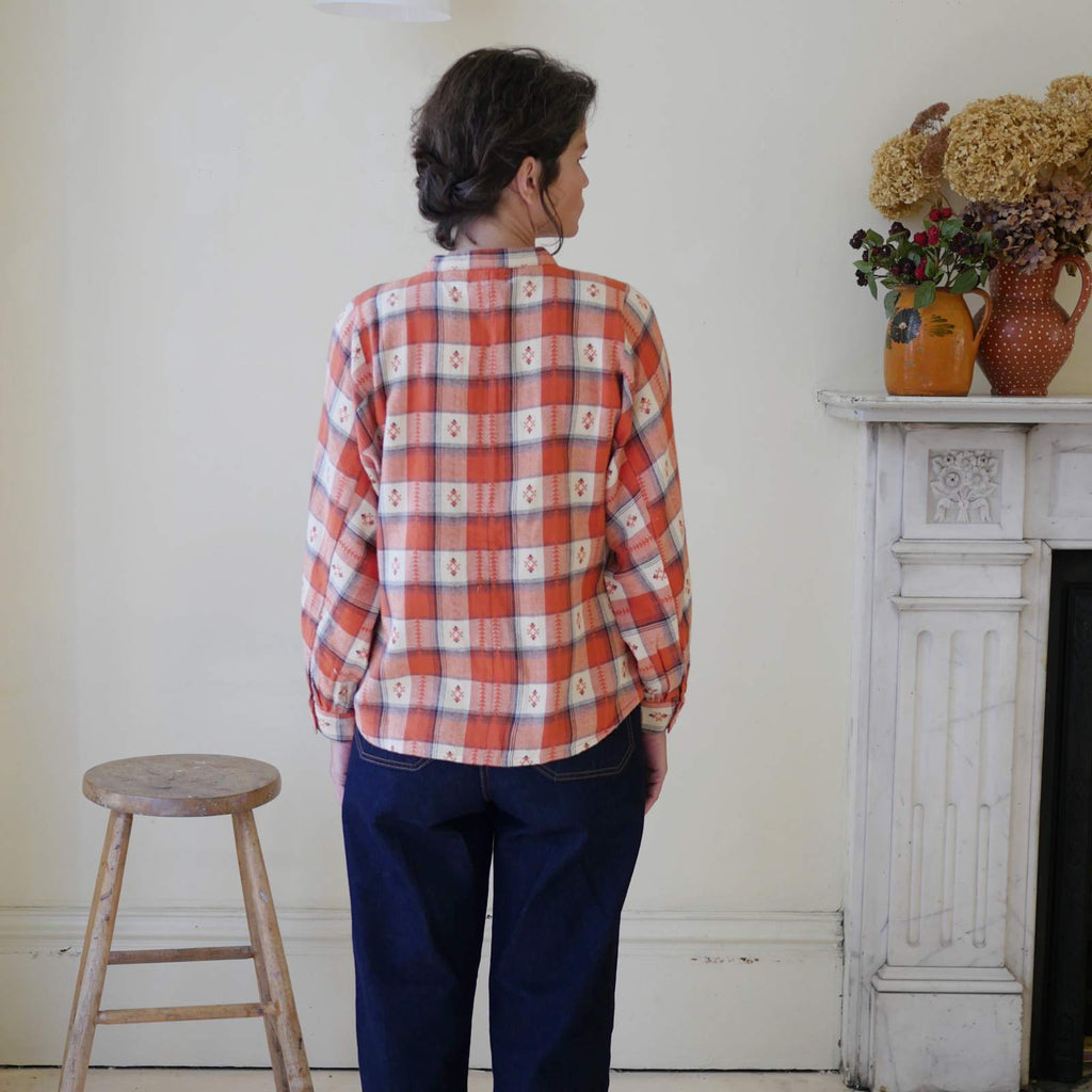 Brushed Cotton Collarless Checked Shirt - Brick