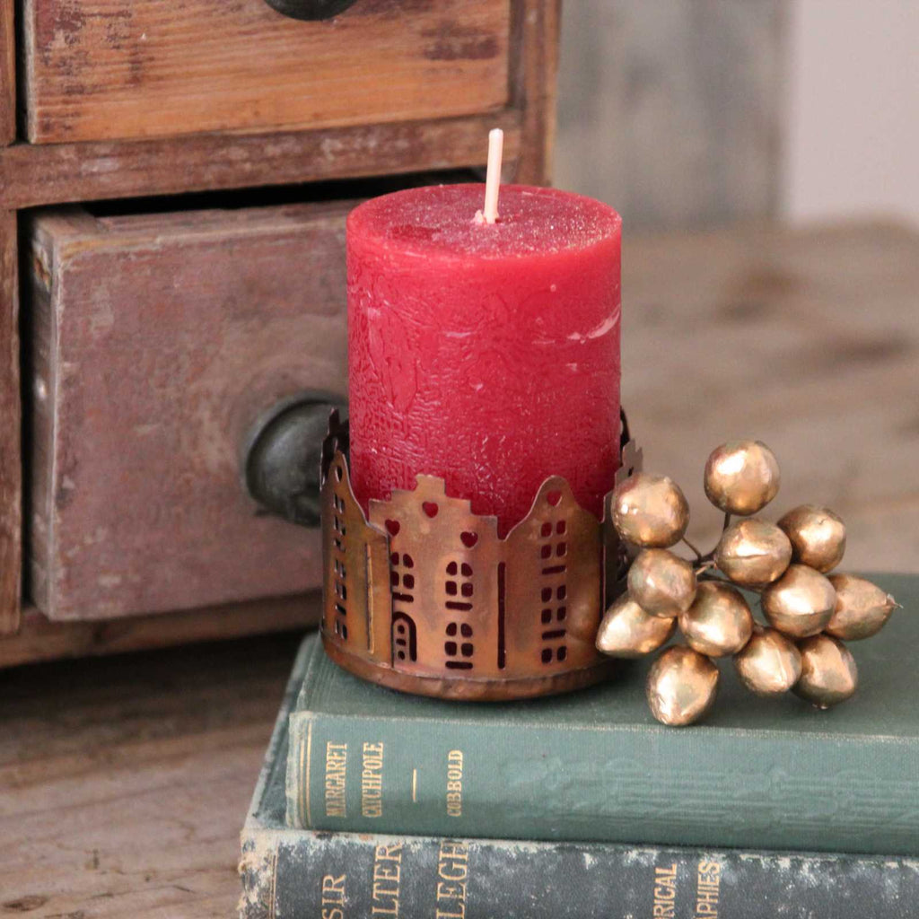 Vintage Christmas Candle Holder - Antique Copper House Candle Holder with red candle