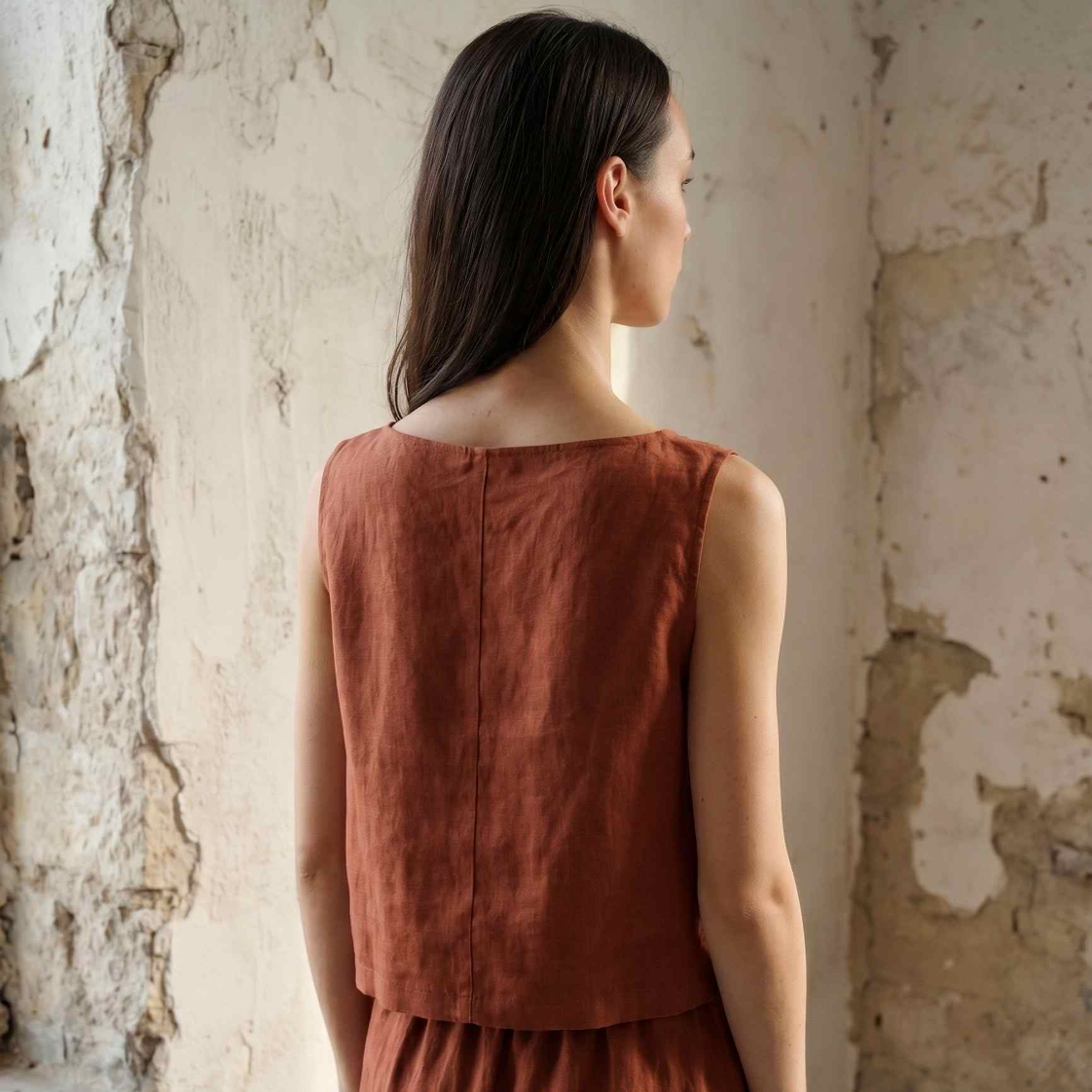 Sleeveless cropped linen top Rust