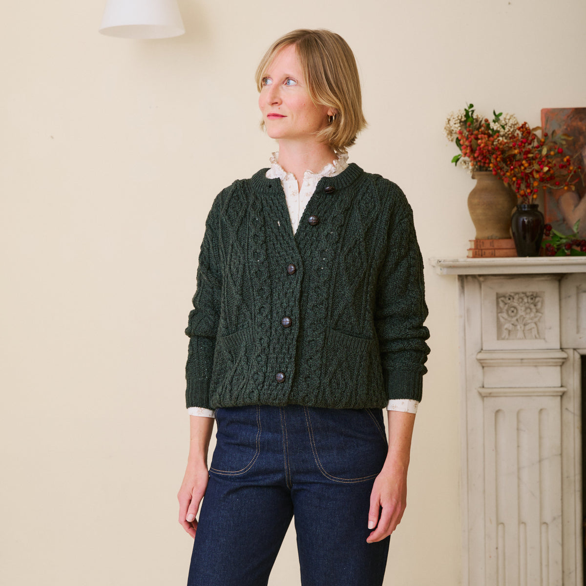 Traditional Aran Cardigan in Seaweed Green