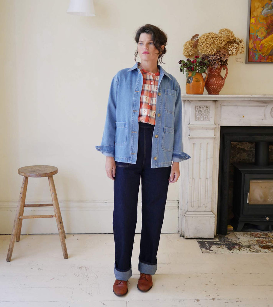 Brushed Cotton Collarless Checked Shirt - Brick