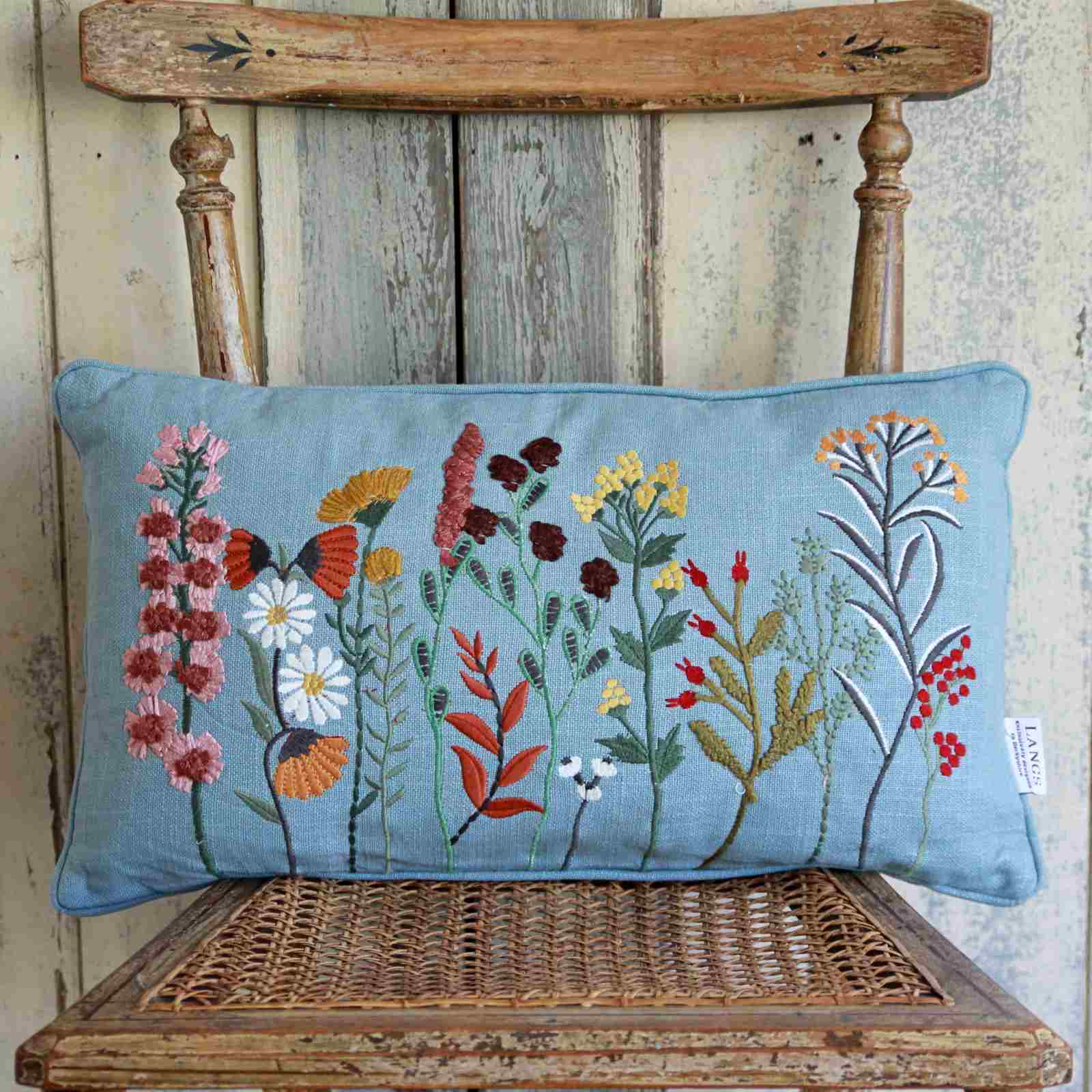 Rectangular Embroidered Cushion Duck Egg