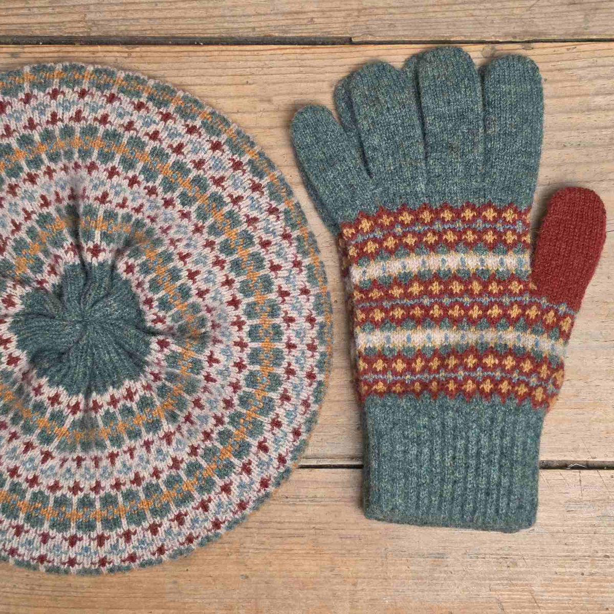 Traditional Scottish Fair Isle Beret and Gloves - Russet & Rosemary