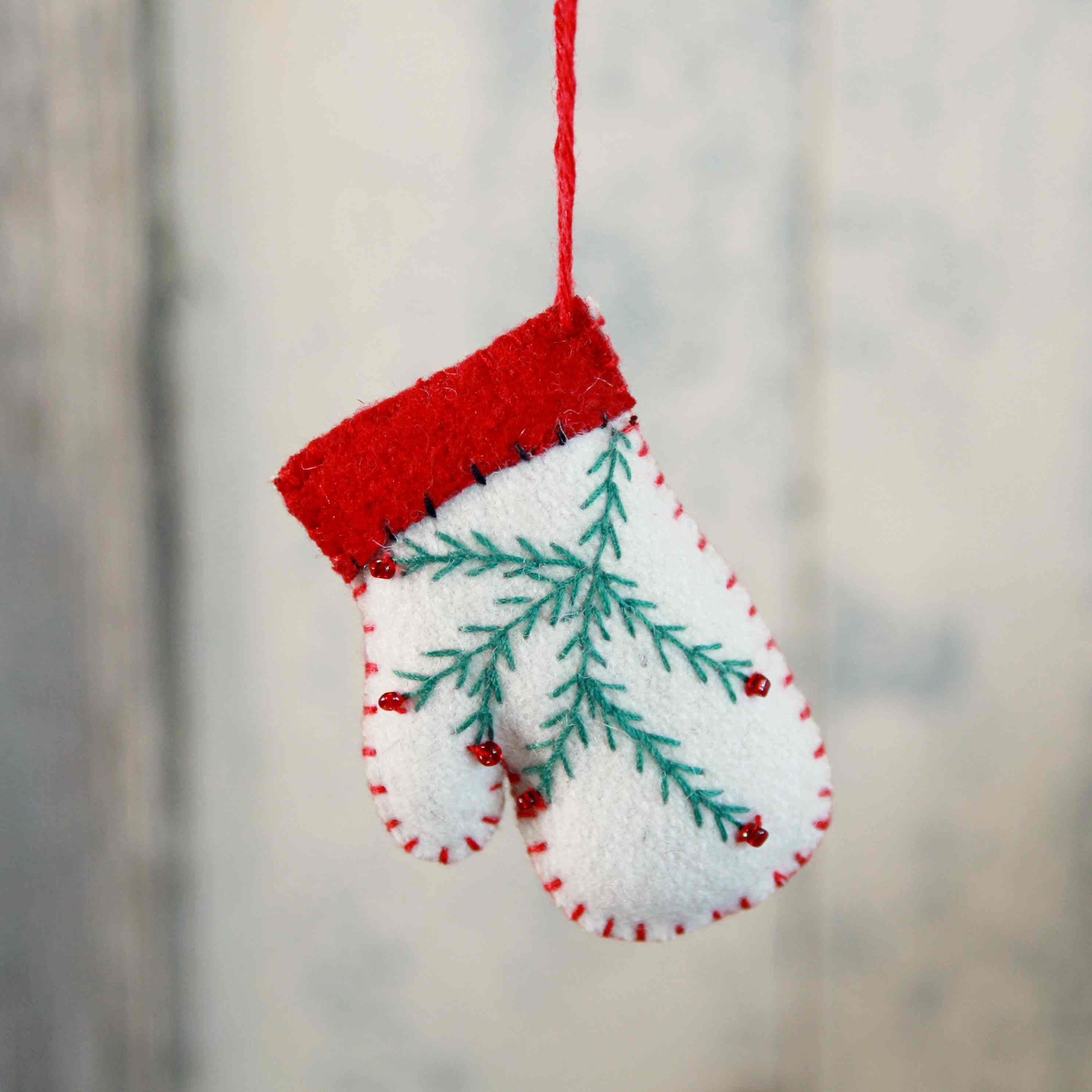 Felt Mitten Decoration with embroidery and bead details