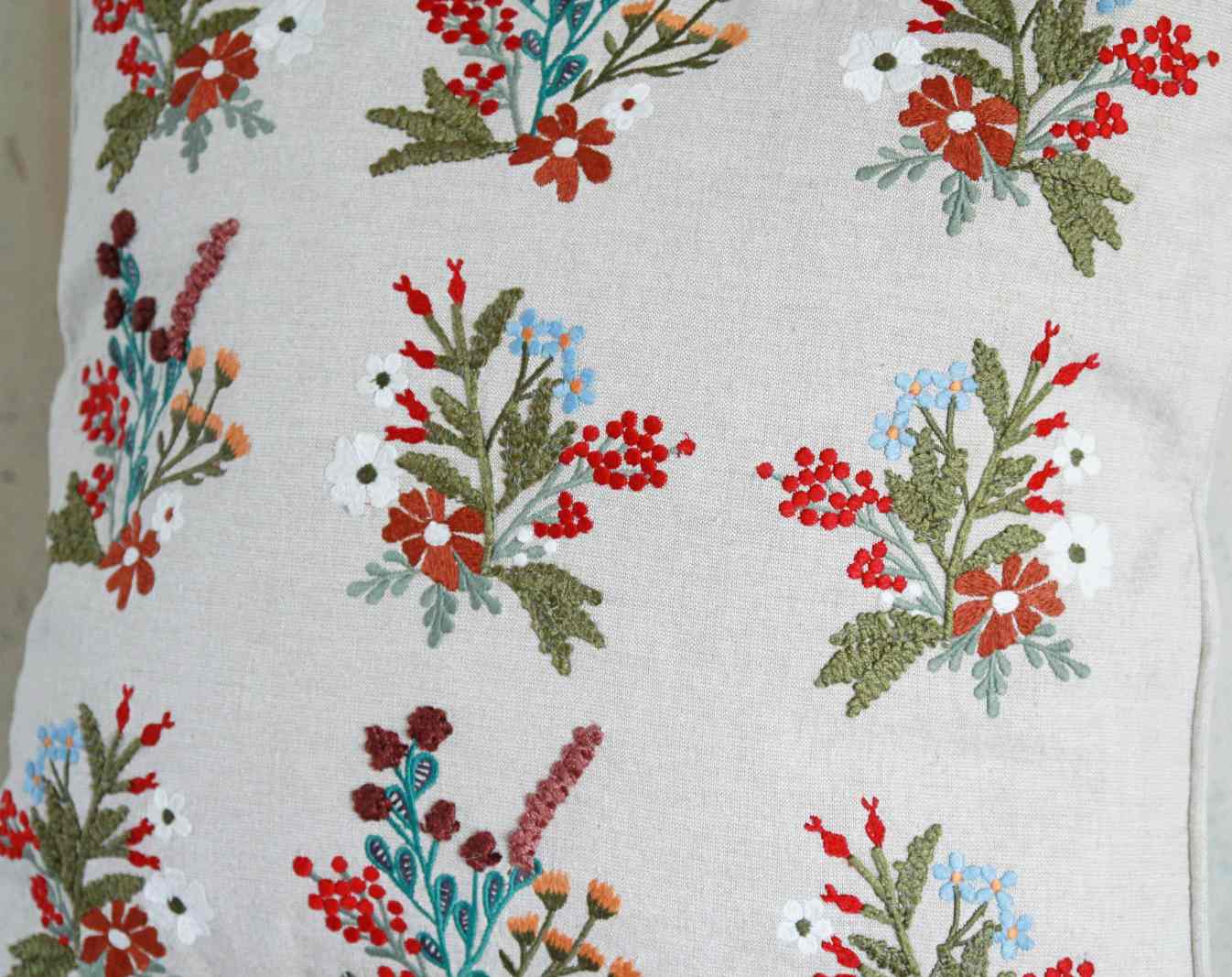 Floral Embroidered Cushion - Natural