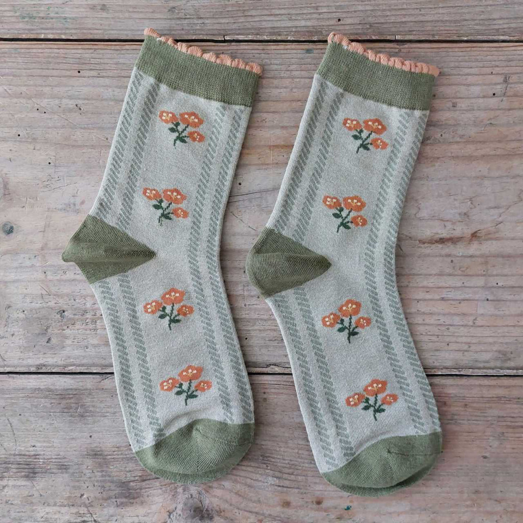 Sage Floral Cotton Socks for women