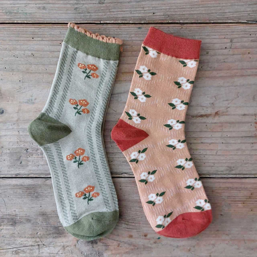 Floral Cotton Socks for women, available in Peach and Sage
