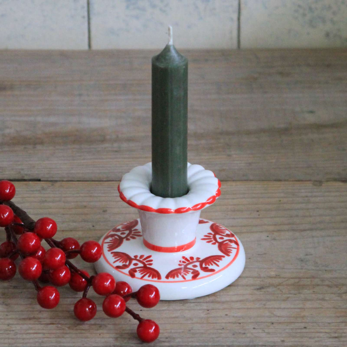 Ceramic Folk Candle Holder - Red