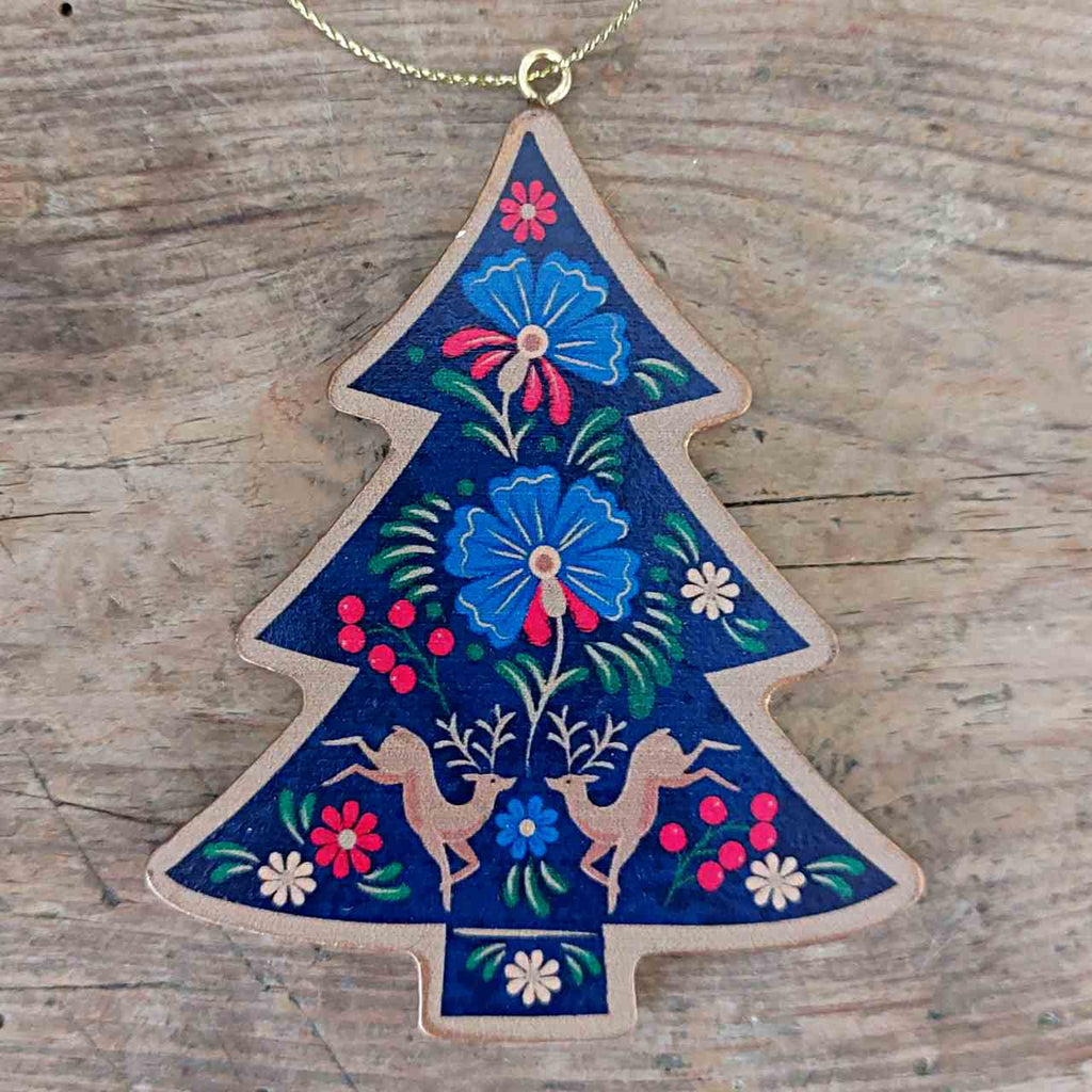 Floral Folk Wooden Blue Christmas Tree Decoration 
