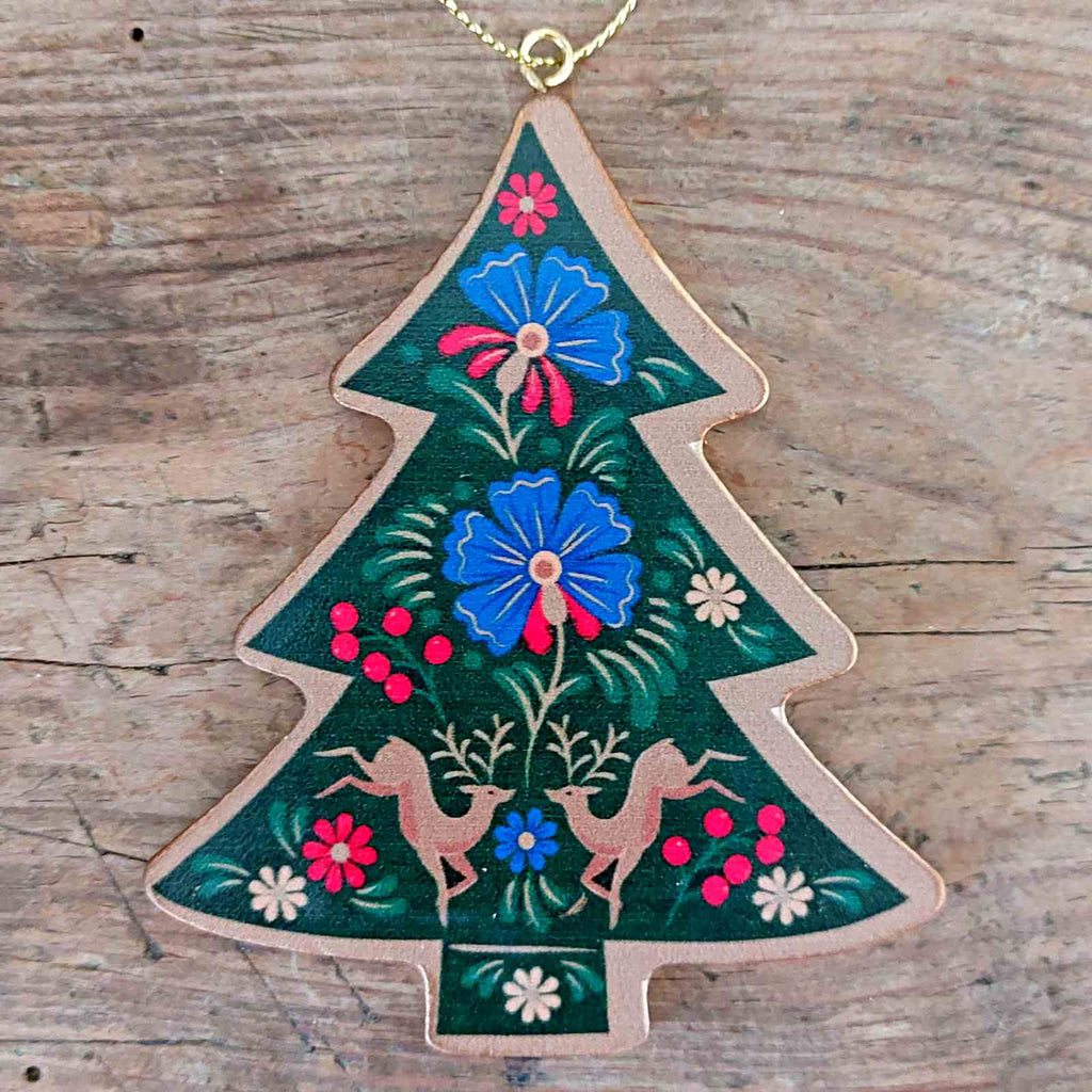 Floral Folk Wooden Green Christmas Tree Decoration