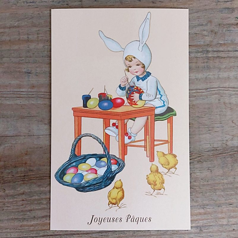 French Easter Postcard - Painting Eggs