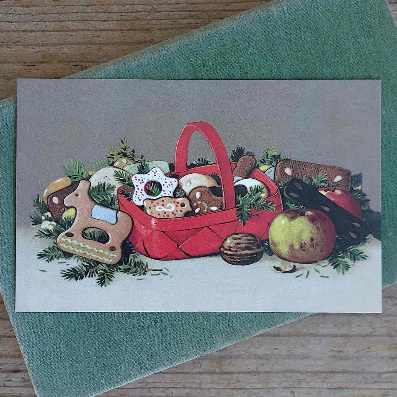 Vintage Christmas Postcard - Red Basket