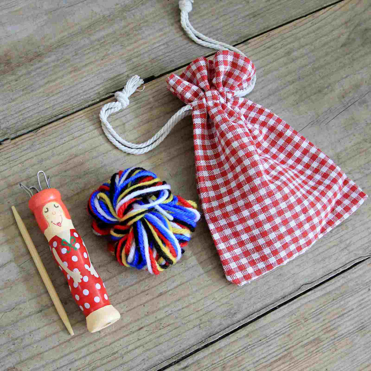 Wooden Knitting Doll in Gingham Bag