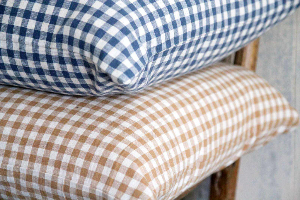 Rustic Gingham Cushion - Mustard and French Navy close up