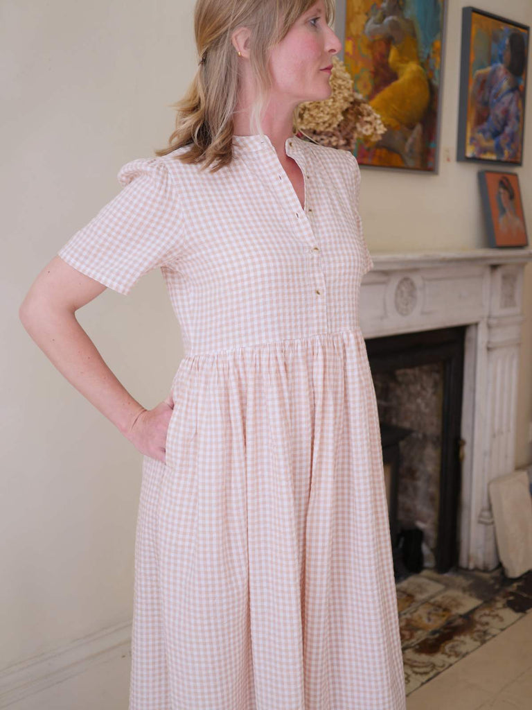 Collarless Dress with buttons - Blush Gingham