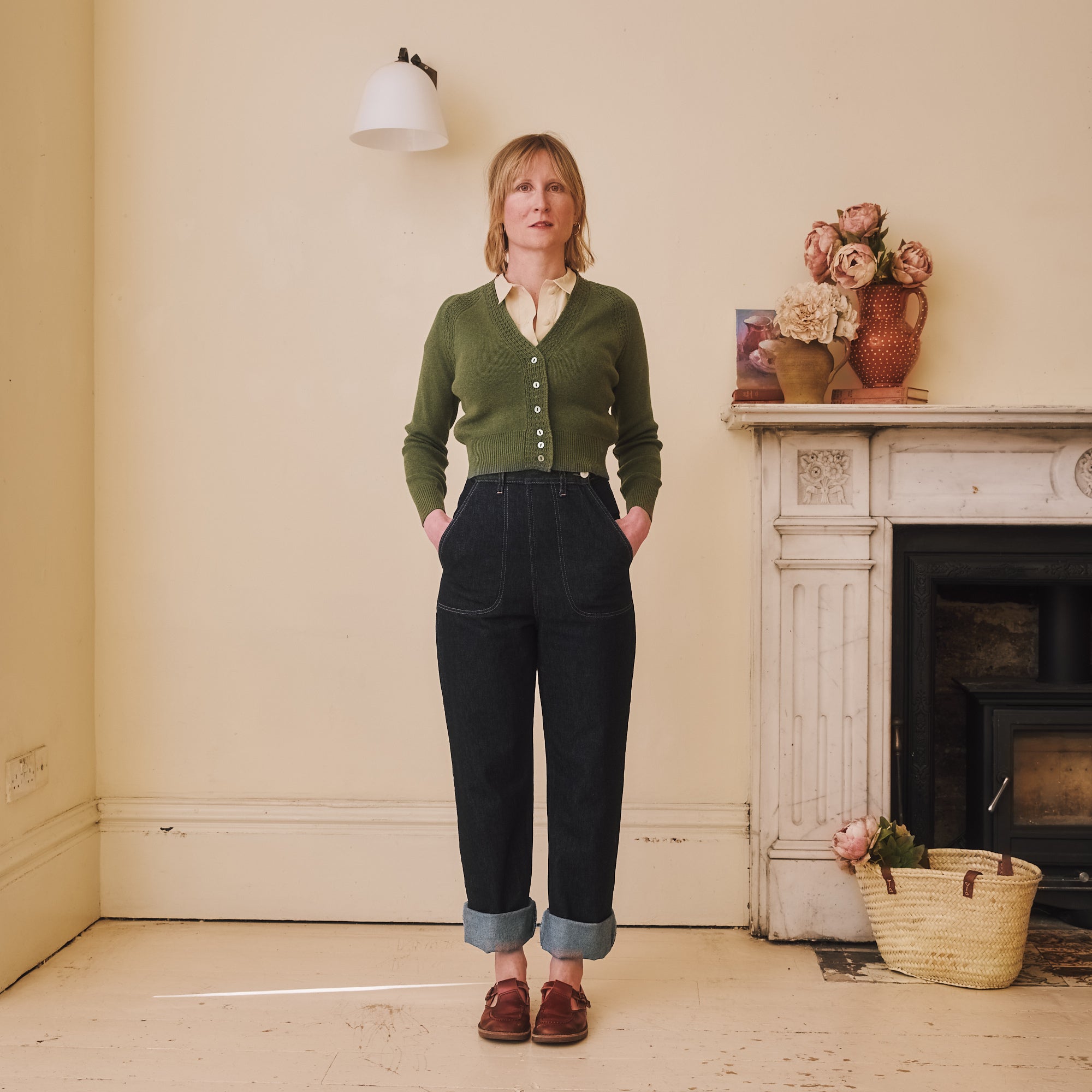 Cotton & Merino Cropped Cardigan - Olive Green