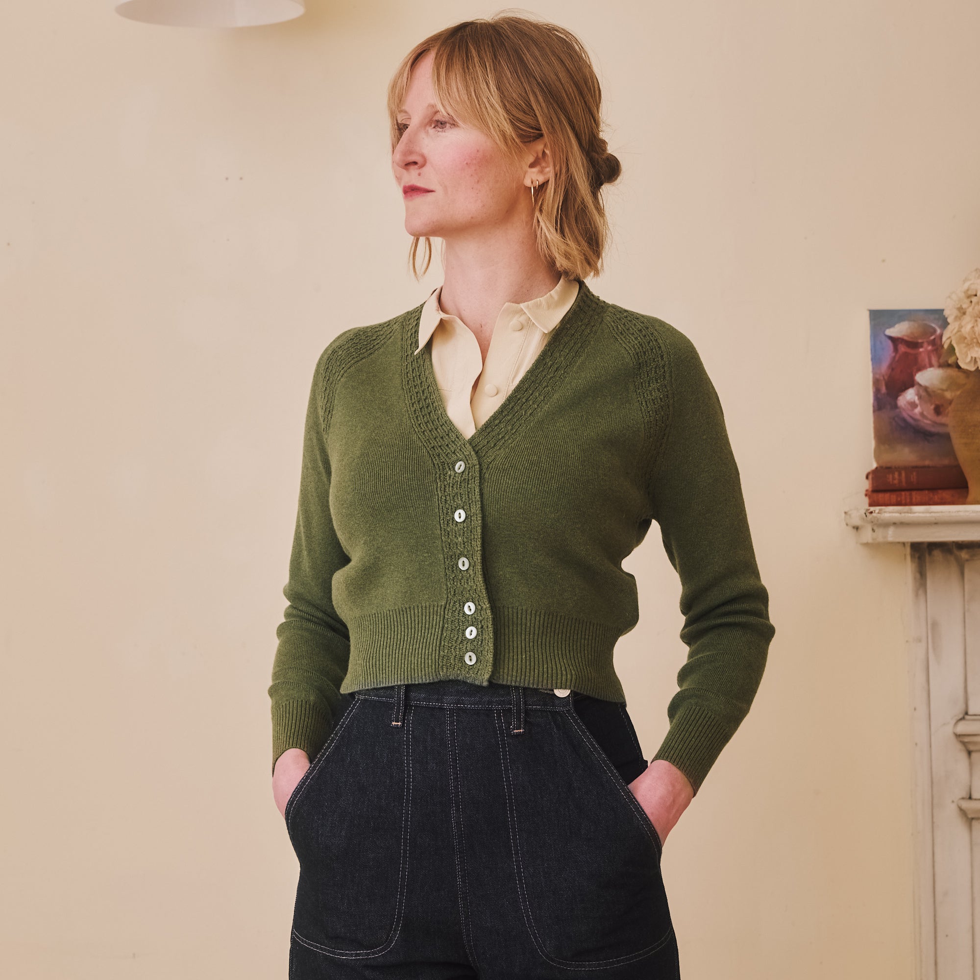 Cotton & Merino Cropped Cardigan - Olive Green