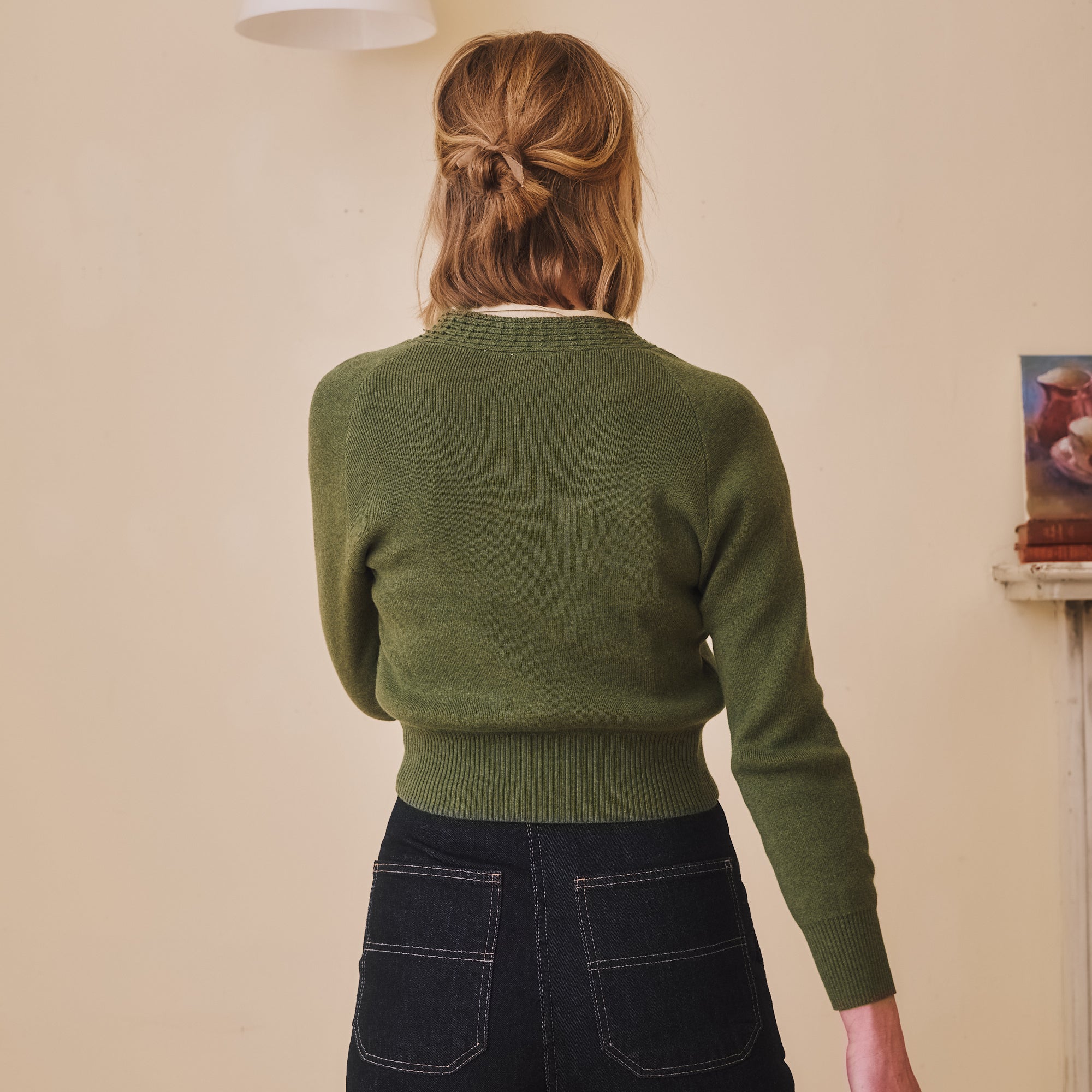 Cotton & Merino Cropped Cardigan - Olive Green