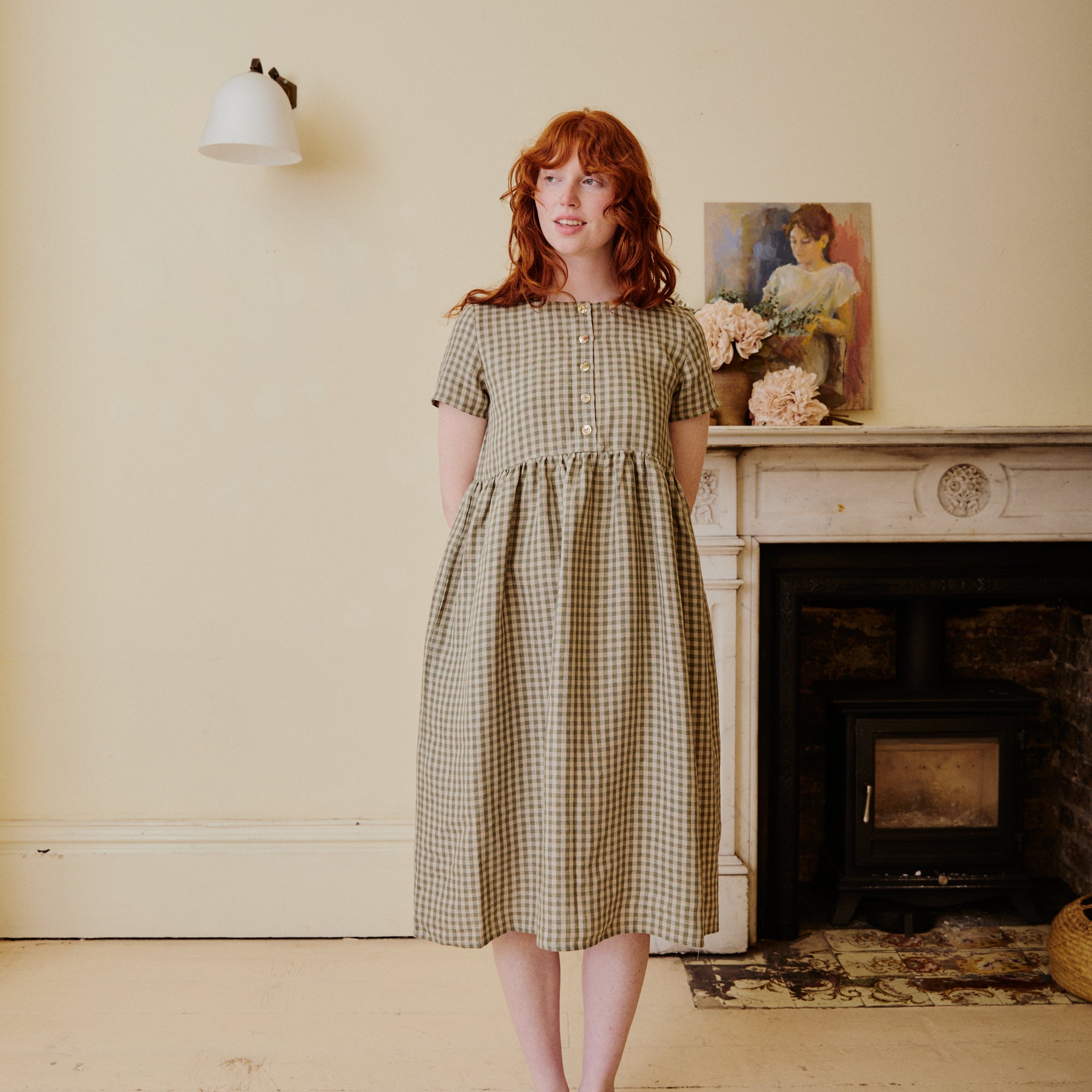 Button Down Linen Dress - Olive Check